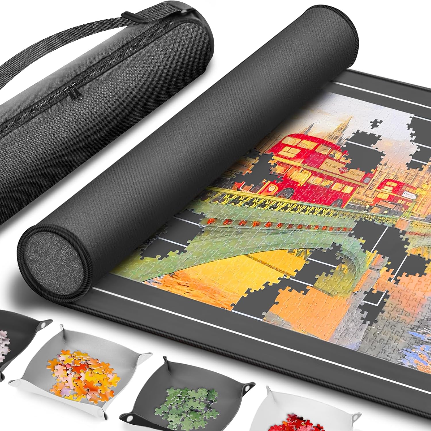 Puzzle Mat Roll Up, 46" x 26" Rubber Saver Pad, with 4 Sorting Trays & Travel Storage Bag, Portable Rollup Puzzle Matt Keeper