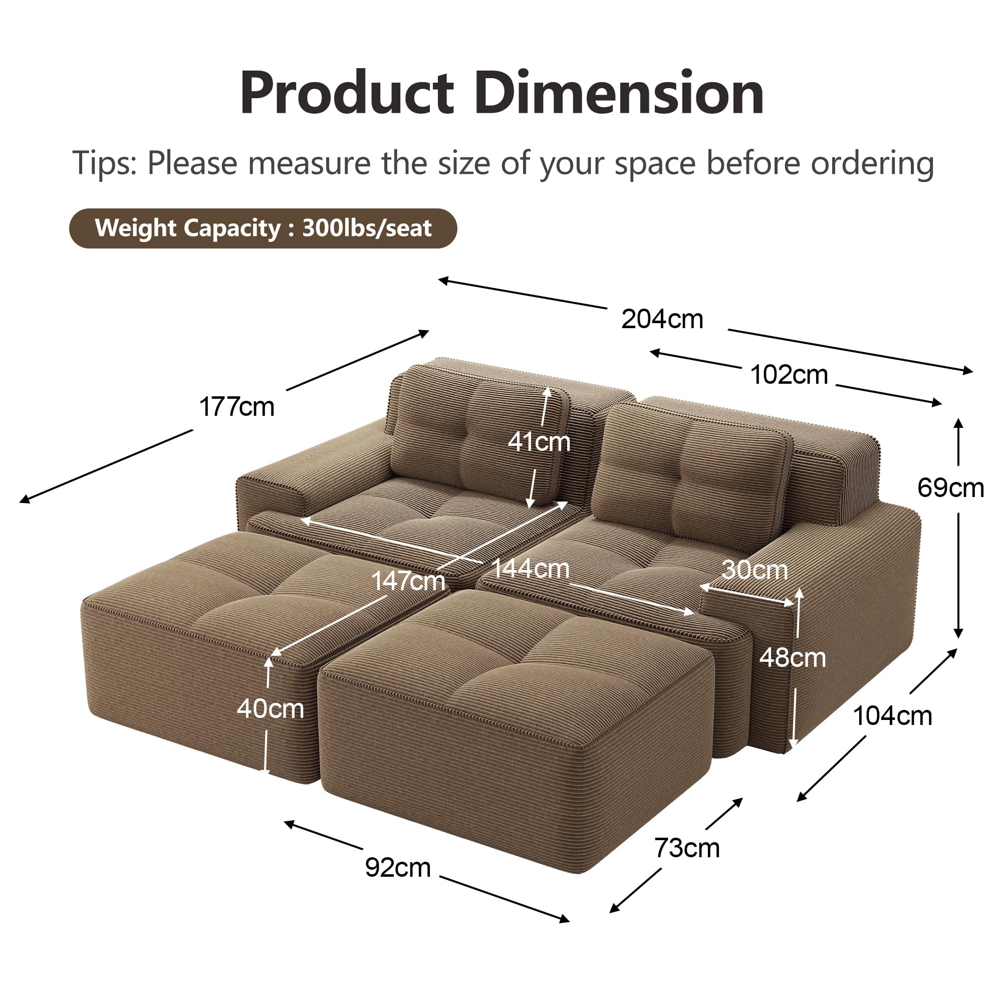 Divano modulare compresso 204 cm, divano a 2 posti con 2 pouf e 2 cuscini, comodo divano disossato in velluto a coste, divano ad angolo/divano letto per soggiorno
