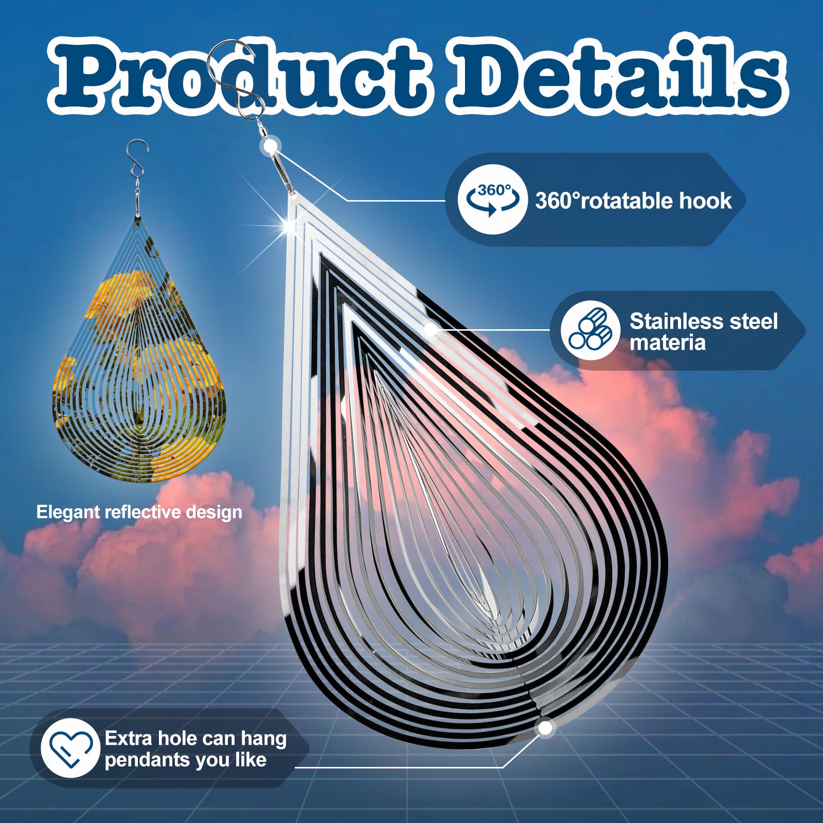 yuegool 2 Pieces Wind Spinners,3D Water Drop Hanging Decorations Flowing-Light Metal Stainless Steel Decor for Yard Garden Balcony Indoor Outdoor(Silver)