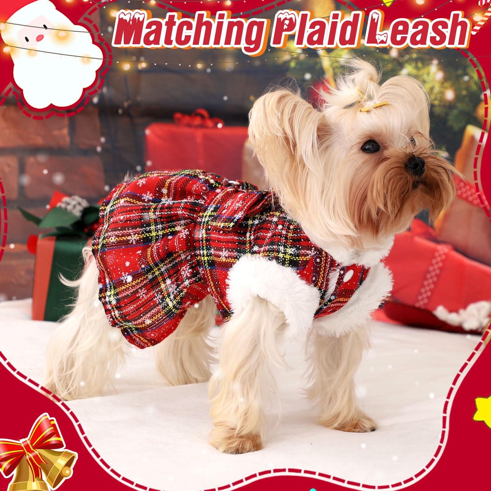 Christmas Dog Harness Dress with Leash Set Red Plaid Puppy Sweaters for Small Dogs Girl Winter Warm Pet Clothes Outfits Cute Bowknot Doggy Apparel Cat Holiday Xmas Party Costume (Small, Red)