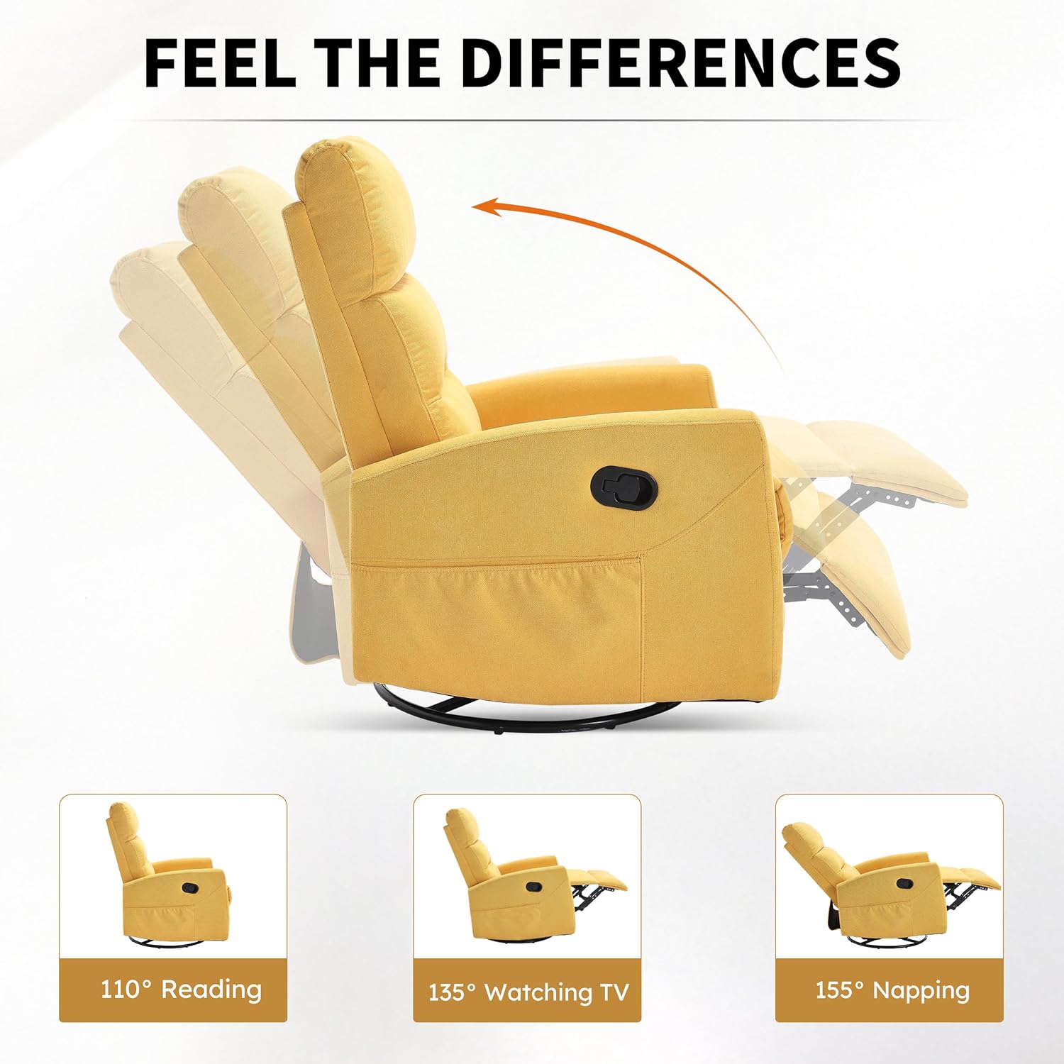 360° Swivel Rocking Chair for Nursery, Manual Glider Chair Nursing Chair with Side Pockets, Polyester Glider for Living Room, Heavy Duty Motion Mechanism, Yellow
