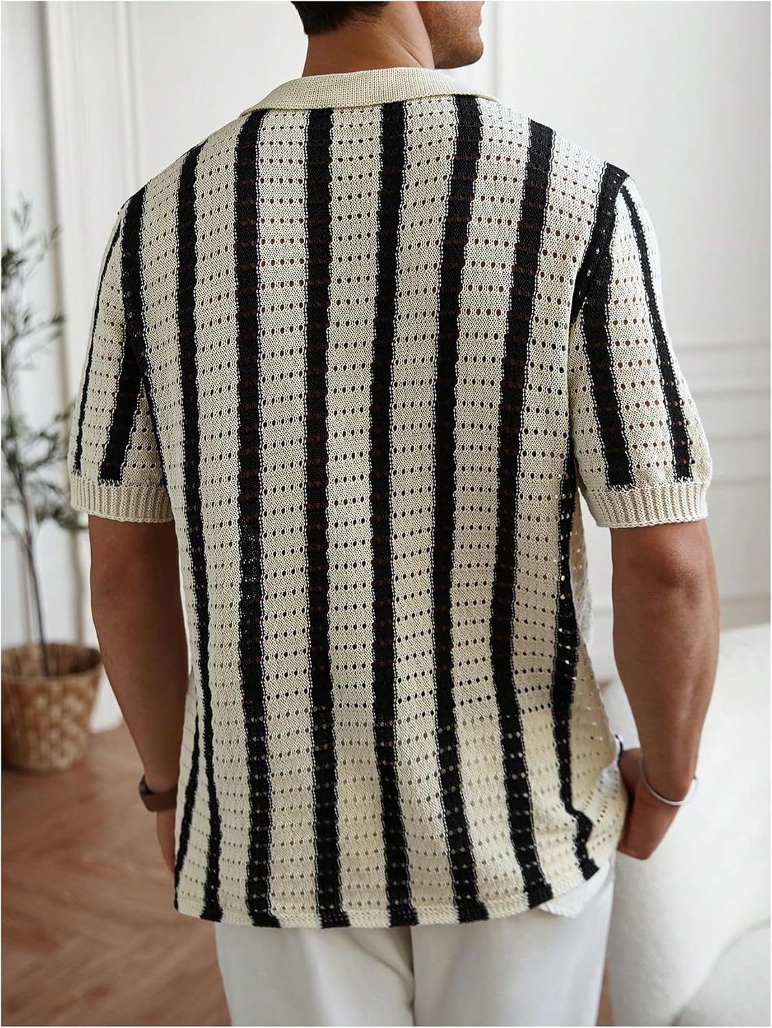 Men's Striped Crochet Shirts Hollow Out Button Down Shirts Knit Short Sleeve Casual Vacation Top - Image 2