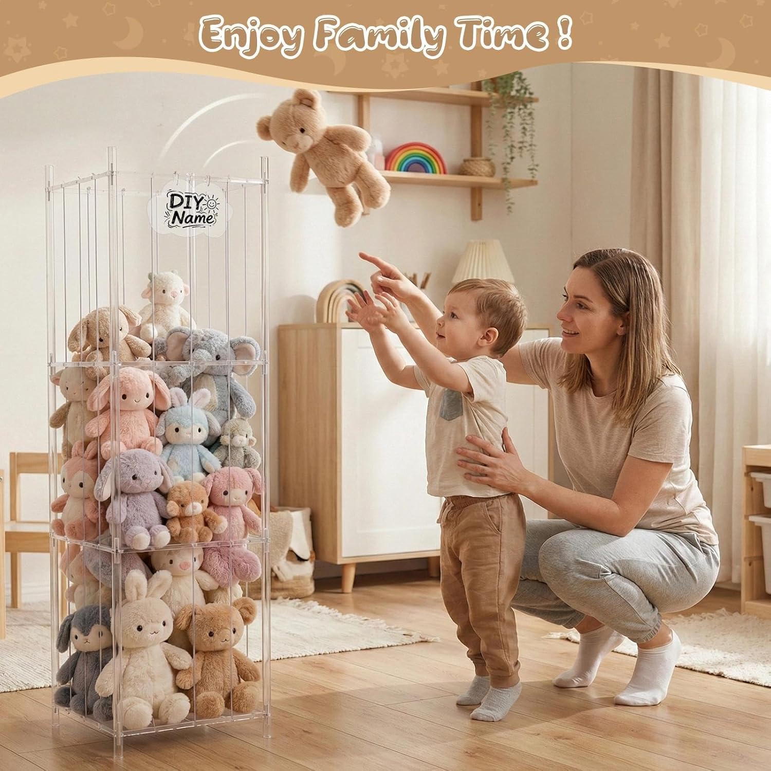 DRESSO Acrylic Stuffed Animal Storage Organizer, 53" Extra Large with LED Lights & Elastic Ropes, Adjustable 1-3 Tiers, Space-Saving Toy Rack for Kids/Play/Bed/Living Room(Transparent)