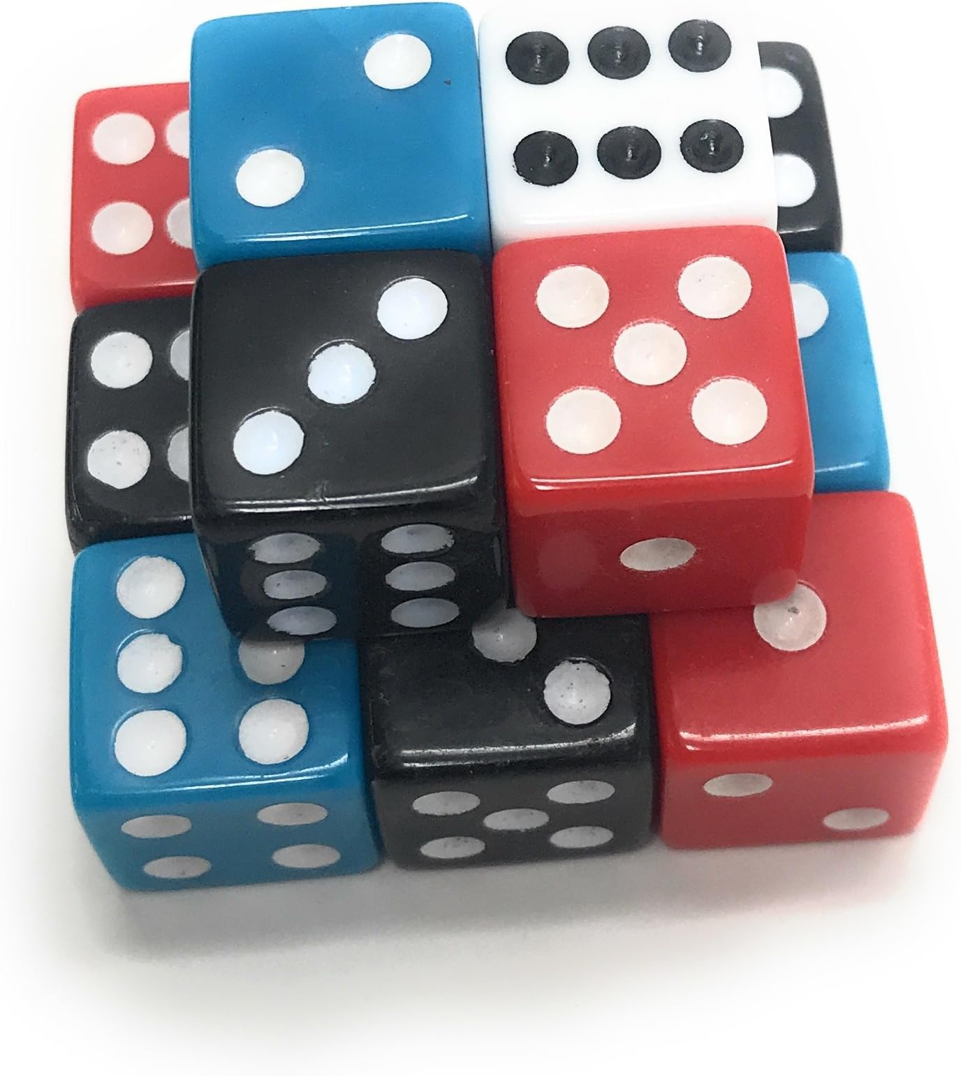 - 100 Bulk 16mm Dice 4 Color Assortment (Red, Blue, Black and White)