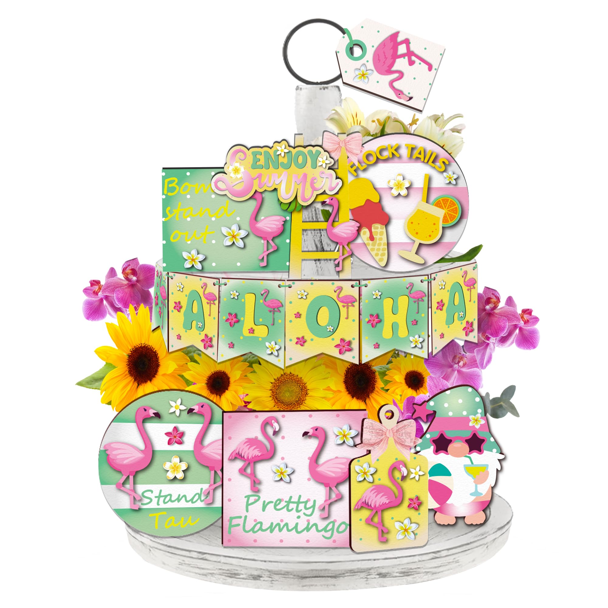 15Pcs Hawaiian Flamingos Tiered Tray Decor Set Hello Summer Wood Sign Items Decor, Perfect for Home Table Kitchen Shelf Farmhouse, Rustic Holiday Beach Decoration