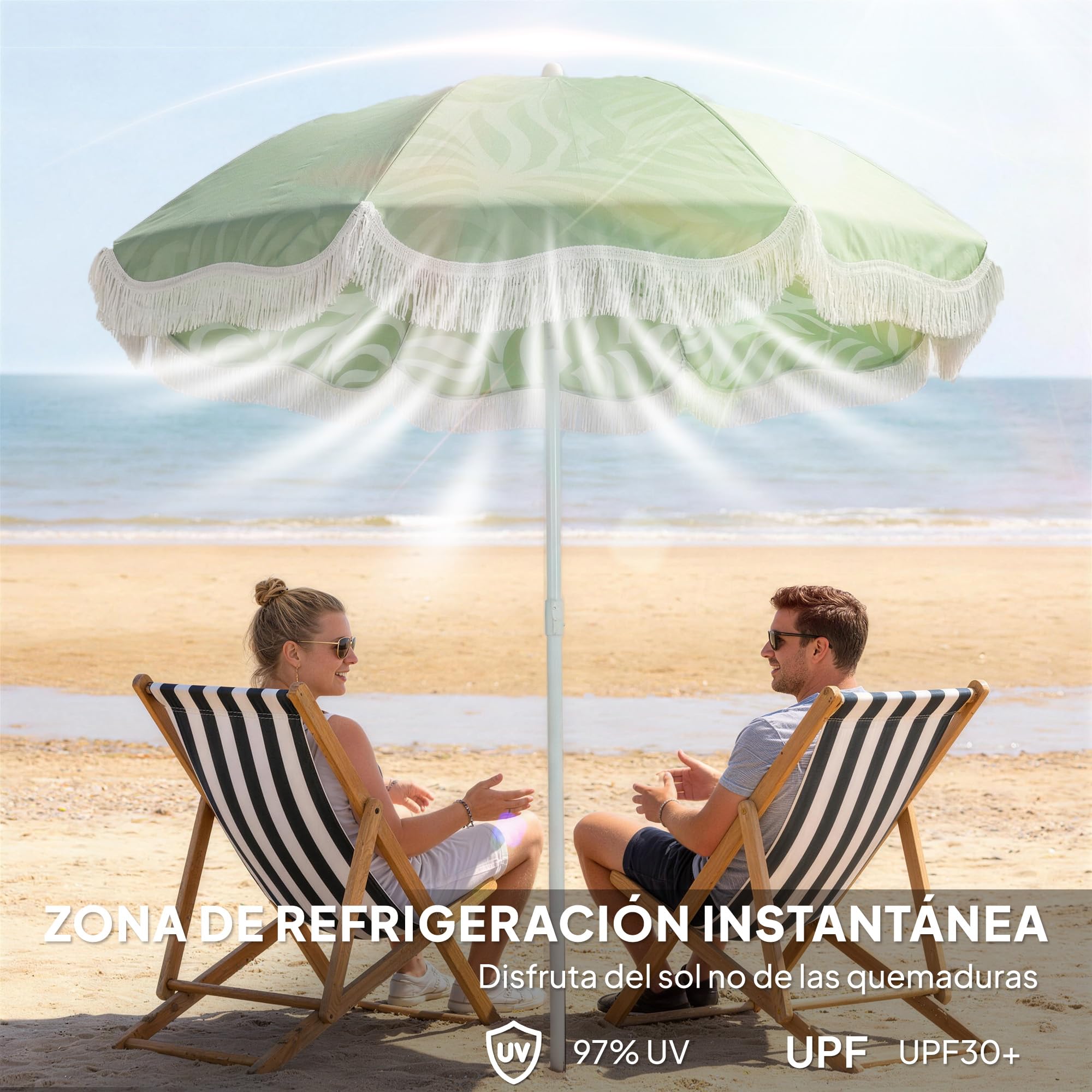 Outsunny Sombrilla de Playa con Flecos Ø180 cm con Inclinación Verde | Sombrilla de Terraza Exterior, Altura Ajustable, Anclaje Arena, Bolsa de Transporte, UPF30+, Estampado de Hojas