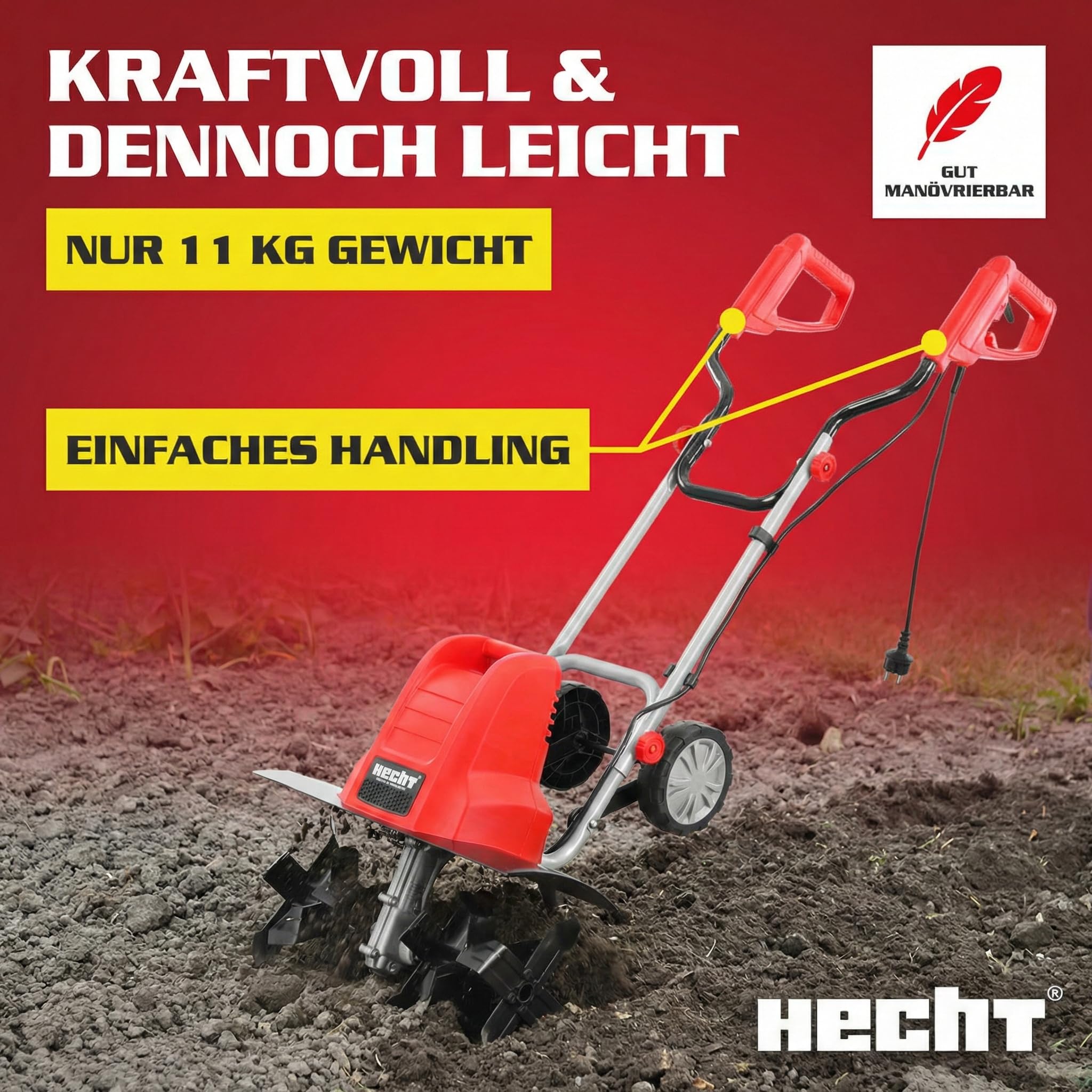 HECHT Elektro Gartenfräse 1800 W 45 cm Arbeitsbreite | Elektrische Motorhacke, Bodenfräse und Bodenhacke, Metallgetriebe, 24 Stahlmesser, 11 kg, ohne Benzin