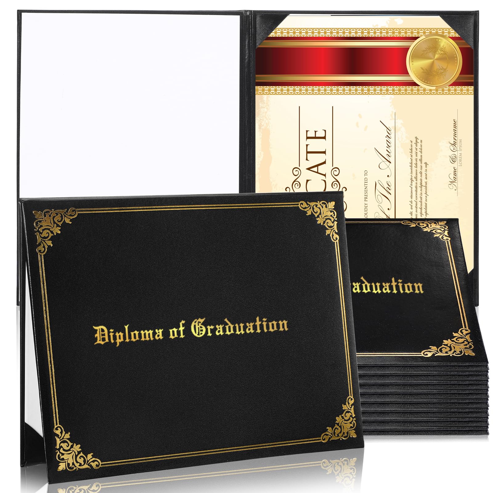 Photo 1 of 20 Pack Graduation Diploma Cover, 8.5'' x 11'' Imprinted Diploma of Graduation Certificate Holders Black Diploma Folders Document Holder with Gold Foil Border Letter Size Smooth Leather