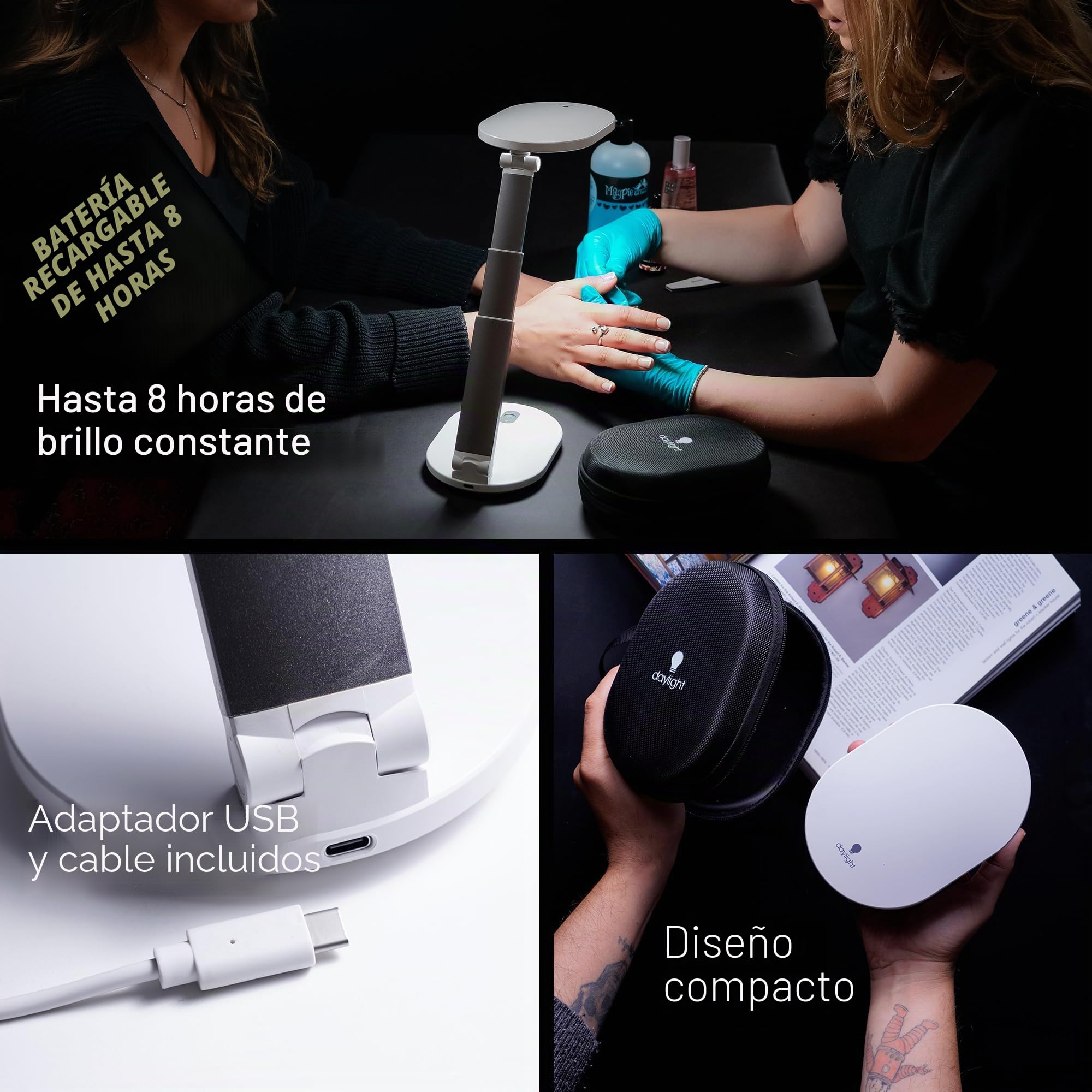 daylight Foldi Go™ Lámpara de escritorio LED recargable – 6000 K luz diurna, 4 brillos – Portátil con bolsa – Ideal para el hogar, la oficina y los viajes