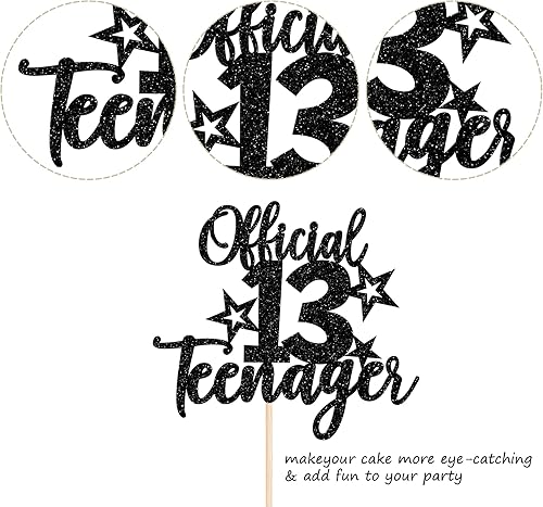 Miniatura 10 de Rsstarxi 1 paquete de 13 decoraciones oficiales para tartas de adolescentes con purpurina negra para decoración de pastel de cumpleaños de 13 años,