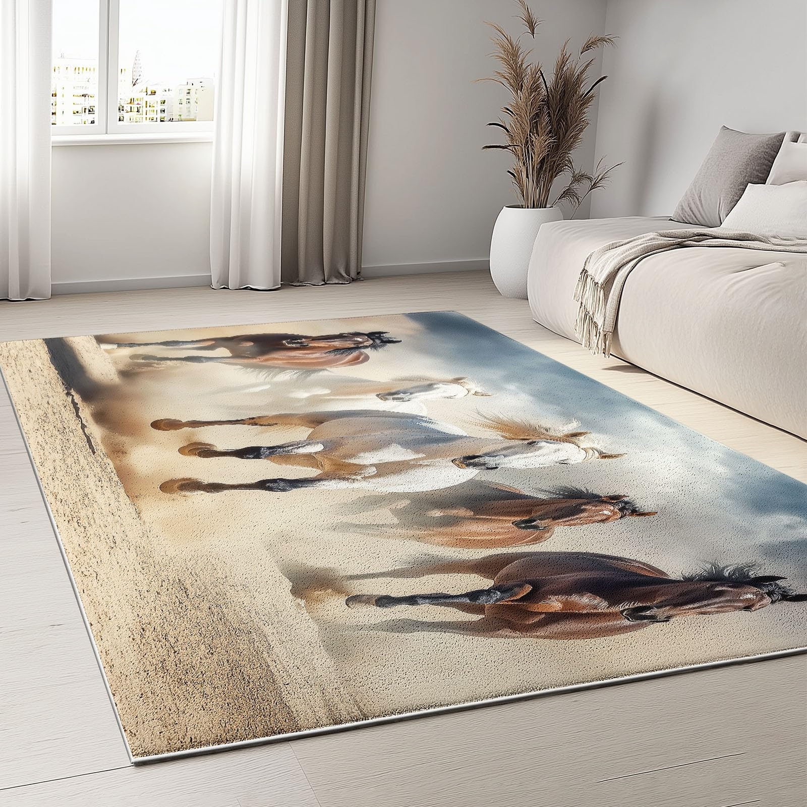 Tapis poil court léger résistant marron doux 120x170 cm motif cheval design