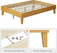 Vista 16 de Yaheetech Base de cama matrimonial con plataforma de madera maciza natural con soporte de listones de madera, espacio debajo de la cama de 12 Nogal