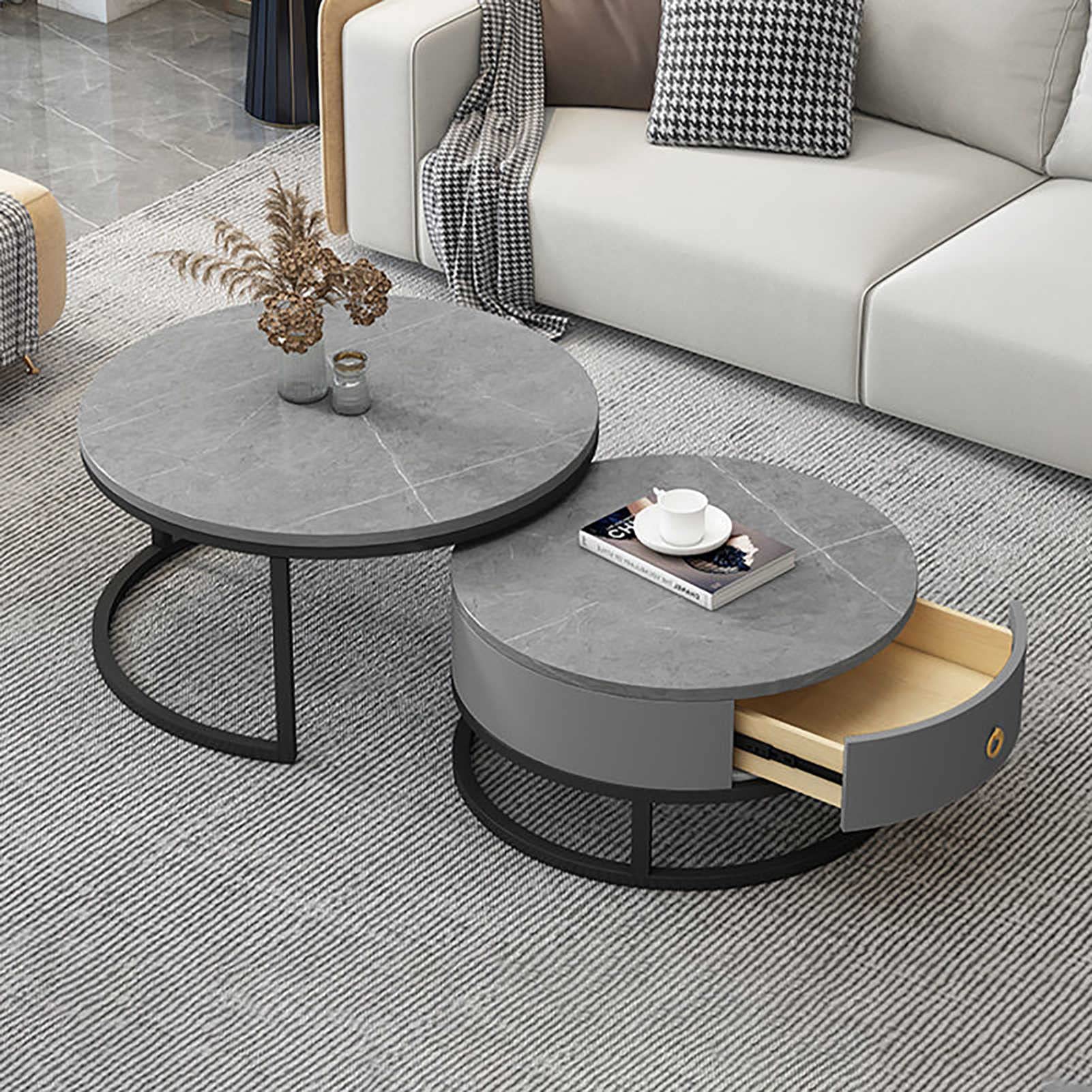 Klydbmyt Modern Marble Nesting Coffee Tables Set Of 2 With Drawer Storage Stylish Slate Texture And Metal Frame For Living Room Furniture Decor And Multipurpose Use