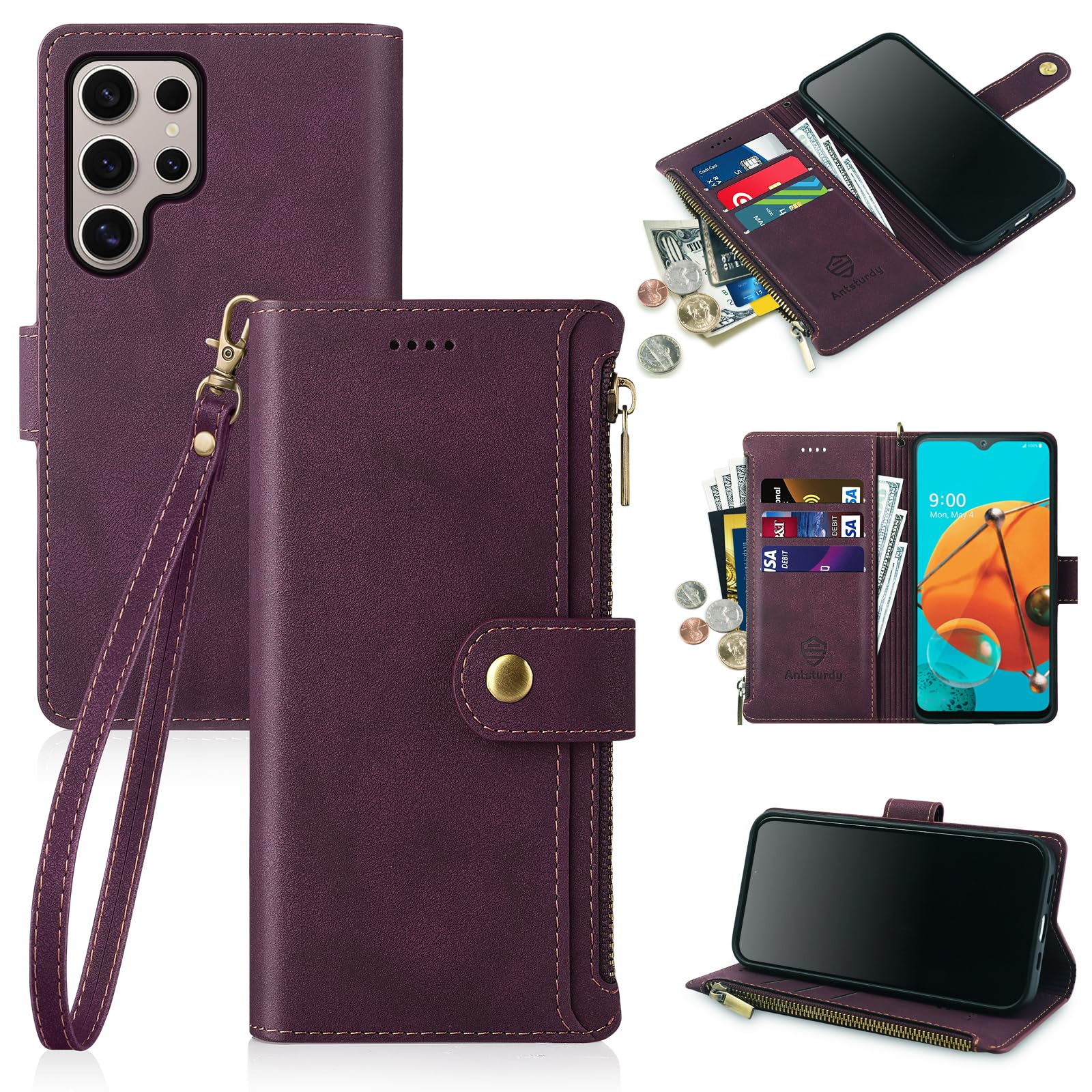 Antsturdy Compatible with Samsung Galaxy S24 Wallet Case with Card Holder Women Men,Phone Case RFID Blocking PU Leather Flip Shockproof Cover Wrist