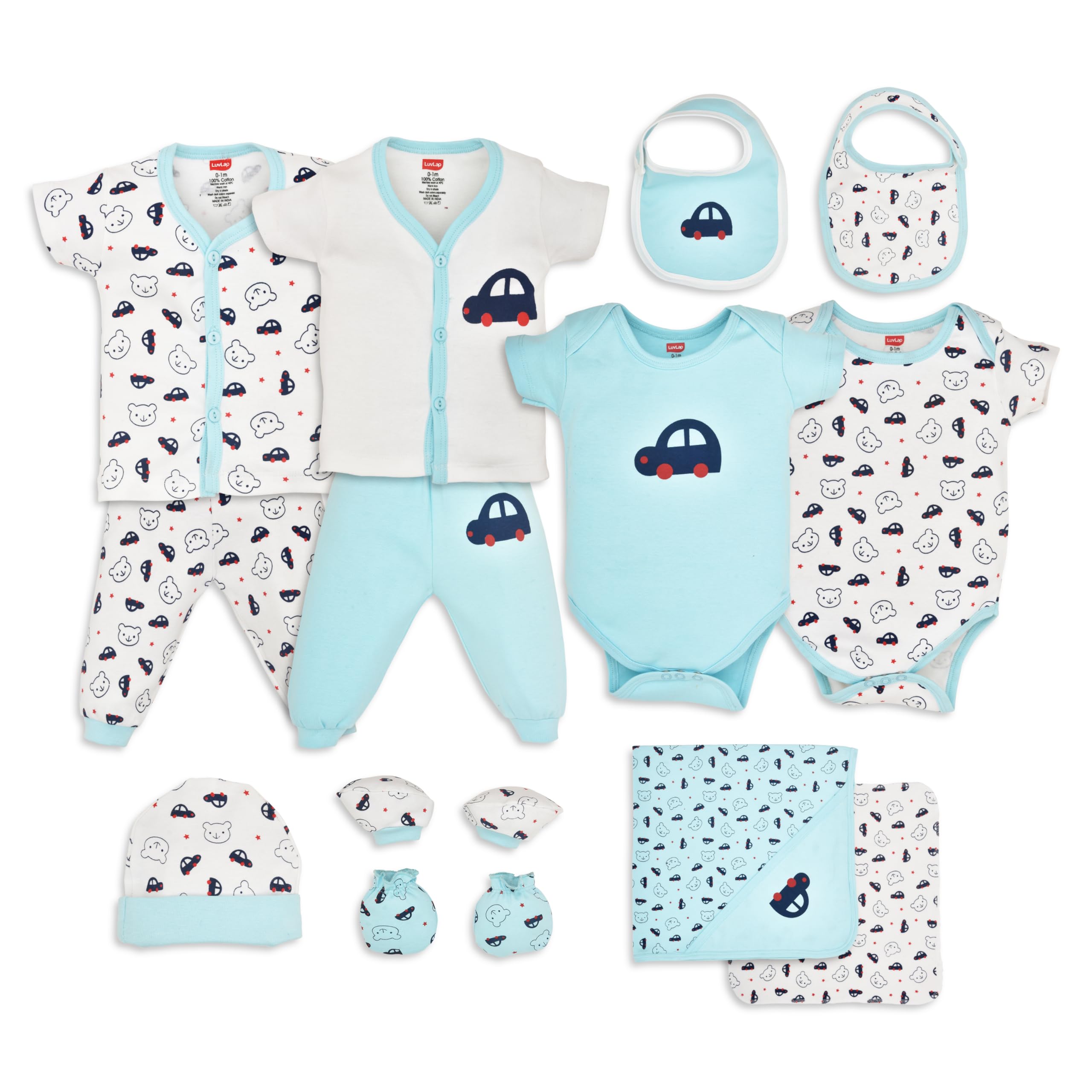 LuvLap Newborn Baby Cotton Gift Set Of 13, 2Half Sleeve Jhabla, 2Rompers, 2Pyjama, Cap, Mittens, Socks, Washcloth, Hooded Wrapper, 2 Bibs, 0-3 Months