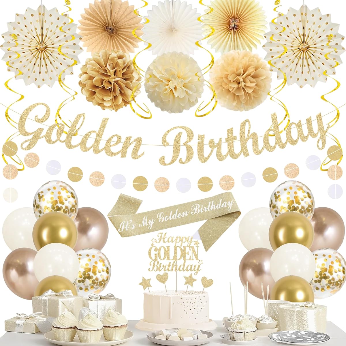 Vlipoeasn Champagne Golden Birthday Party Decorations for Women Girls | Birthday Banner Cake Topper Paper Fans Pompoms Balloons Metallic Helixes Kit, Party Supplies for Girls Women Brthday