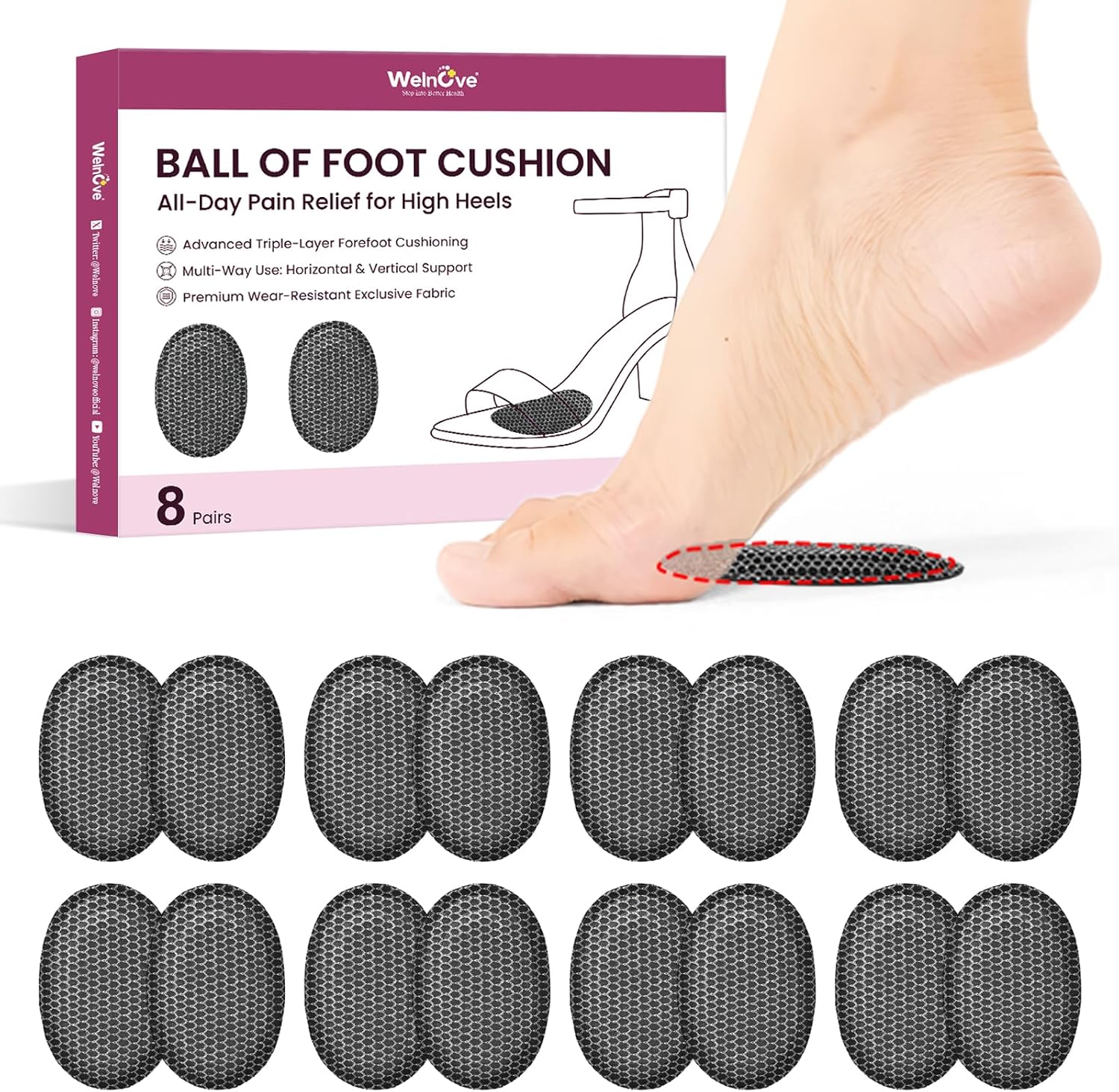 Welnove Metatarsal Pads for Women Men - 16 Pcs Foam Ball-of-Foot Cushions Pads to Prevent Feet Sliding - Soft Foot Insert Pads for Metatarsalgia, Morton’s Neuroma, Calluses, Fit for High Heels,Shoes