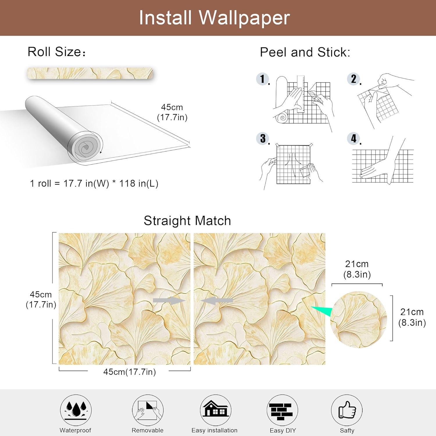 Ginkgo Leaves Peel and Stick Wallpaper, Gold and Yellow Wallpaper, Self Adhesive Vinyl Modern 3D Wall Paper for DIY Home Decor, 17.7in x 118in