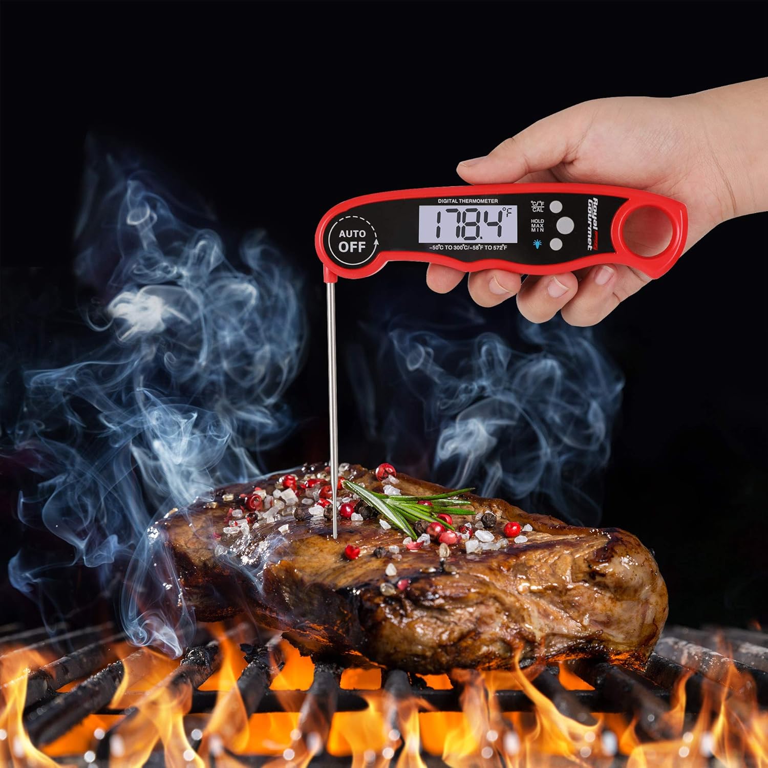 review Royal Gourmet TW2002 Meat Food Thermometer, Ultra Fast, Waterproof Digital Kitchen Cooking Food Foldable Probe, Auto-Off for Oil Deep Fry Candy BBQ Turkey Liquid, Red