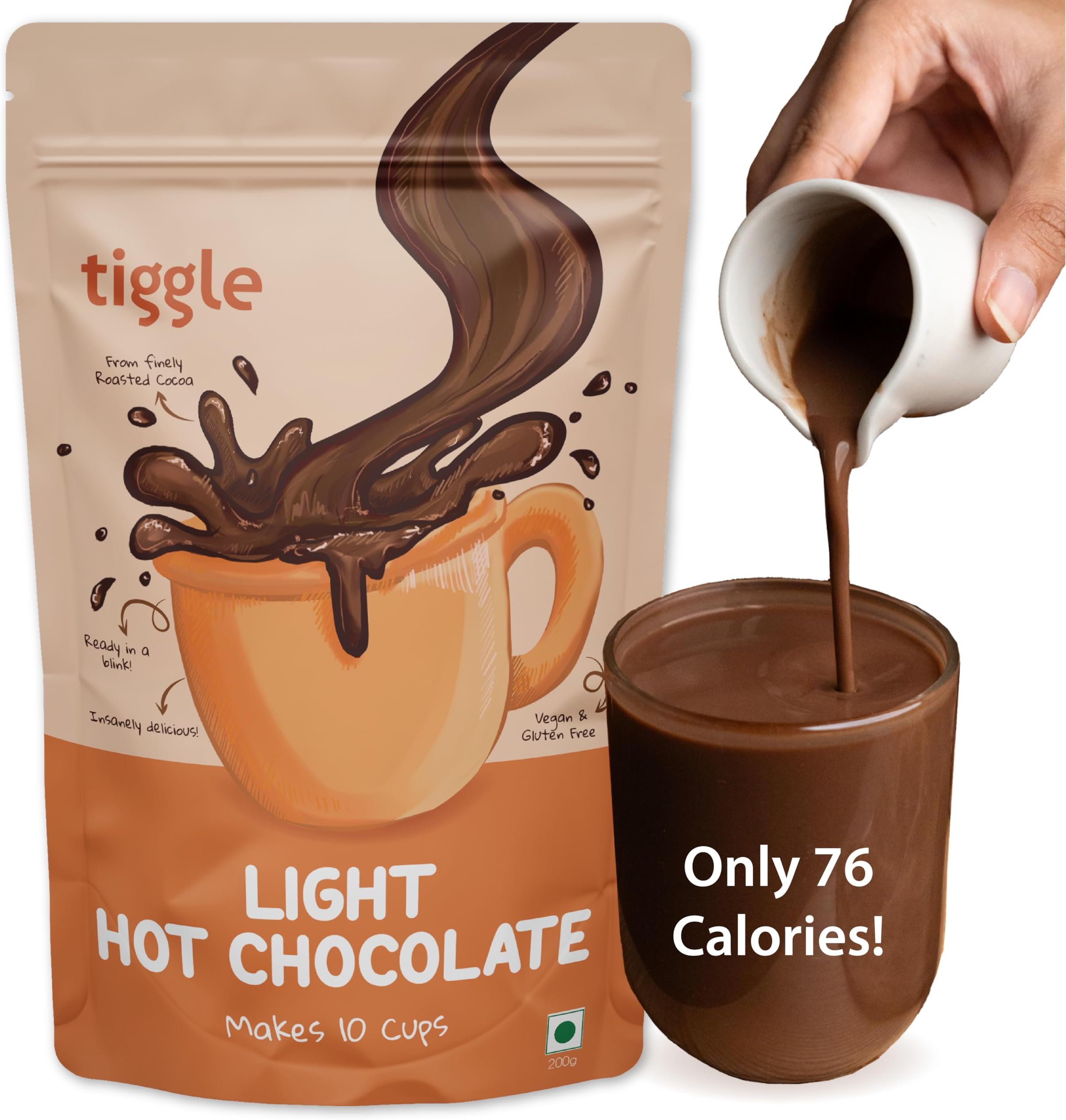 Light Hot Chocolate Mix | 10 Cups Pack | As seen on Shark Tank India | Thick and Chocolatey | Enjoy Hot or Cold | 100% Natural & Vegan | 200 gm