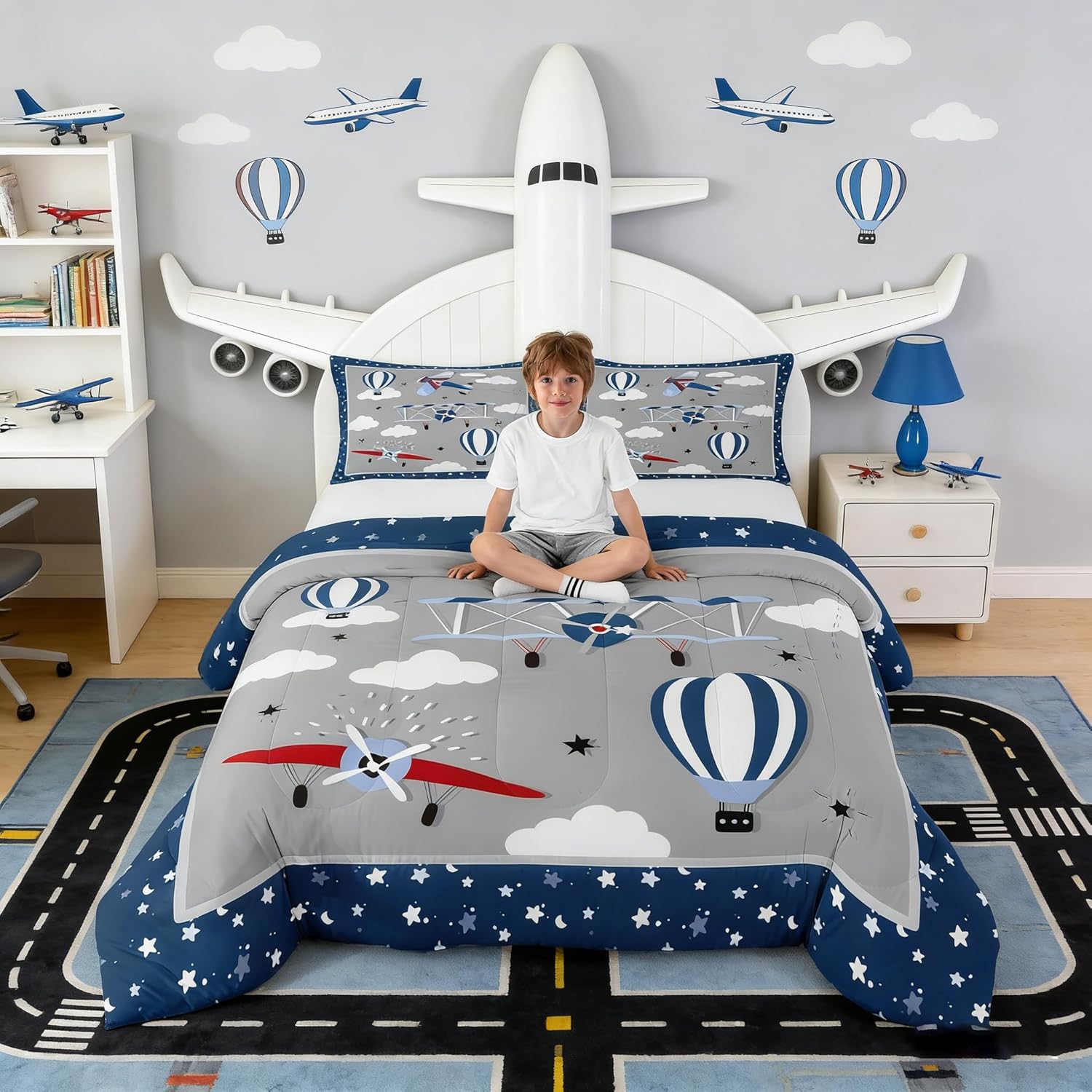 Cartoon Airplane Kids Bedding Set Full Size | Navy Blue Hot Air Balloon Aircraft Comforter Set 3Pcs Boys Teens Room Decor Cloud Starry Moon Quilt Set Chic Grey Duvet Insert,2 Pillowcases
