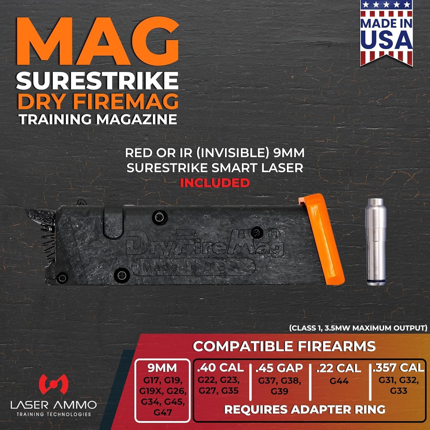 DRYFIREMAG + SureStrike Training Kit - Smart Dryfiremag with Surestrike 9mm Training Laser (Class 1, 3.5mW Maximum Output) (Choose from Red or Invisible)