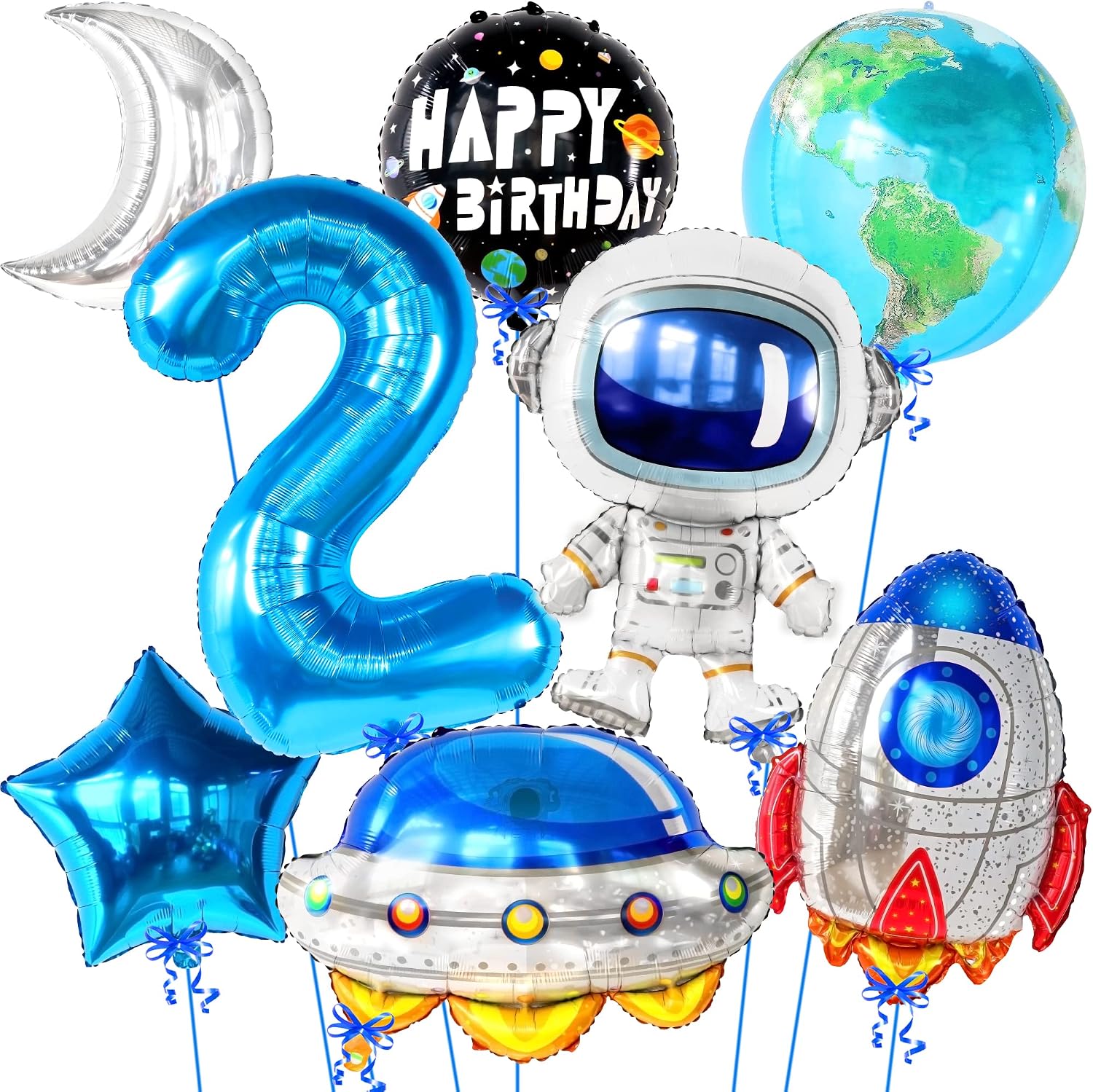 KatchOn, Big Space Balloons First Birthday Set - 40 Inch, Pack of 8 | First Trip Around The Sun Balloons, Number 1 Balloon | Blue Space Balloons for First Trip Around The Sun Birthday Decorations