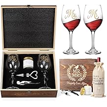 Mr and Mrs Engagement Gifts for Couples, Bridal Shower Gift, Wedding Gifts for Newlywed - Wine Glasses Set of 2, Wine Stopper and Opener, Wine Bag, Scented Candle, Engraved Wooden Keepsake Box