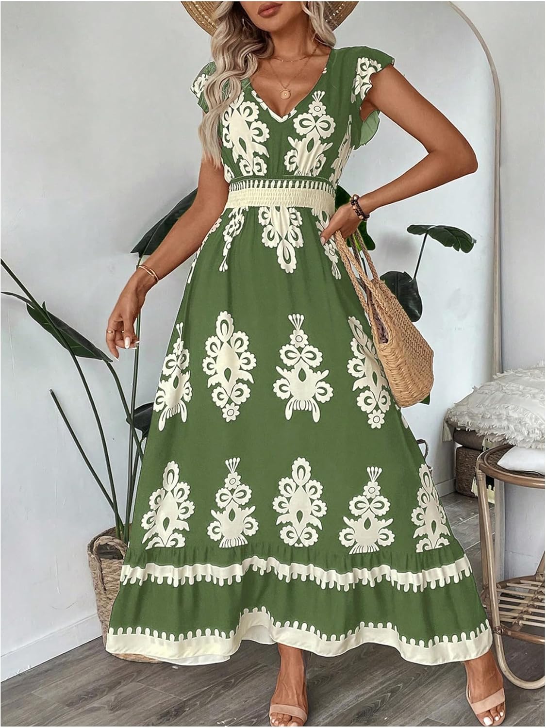 Floerns Women's Tribal Cap Sleeve A Line Dress V Neck Flounce Hem Vacation Maxi Dresses - Image 2