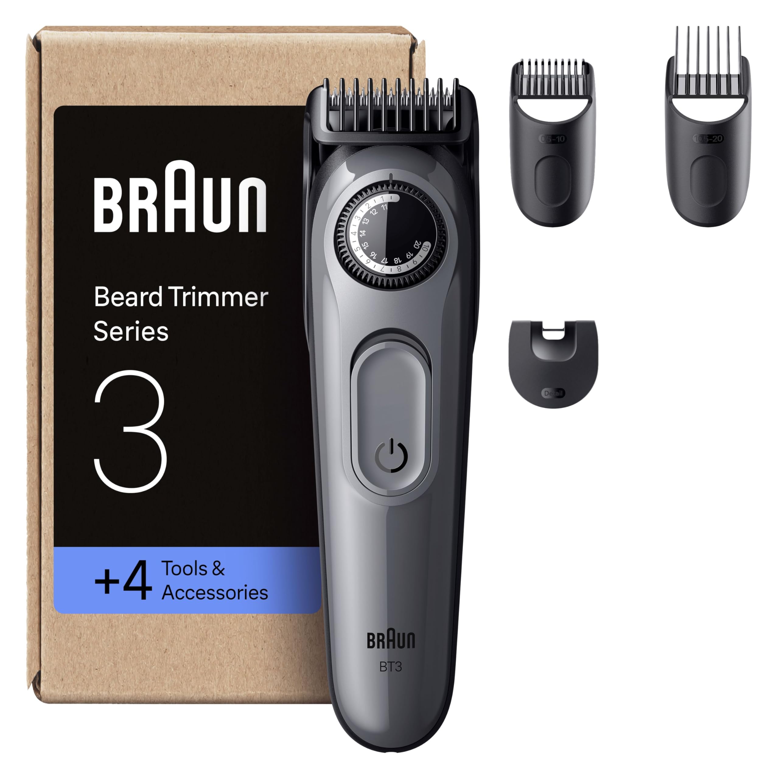 Braun Beard Trimmer Series 3, +4 Styling Tools, Ultra Sharp Blade, 50 Min Runtime, 40 Lengths, BT3525, Grey