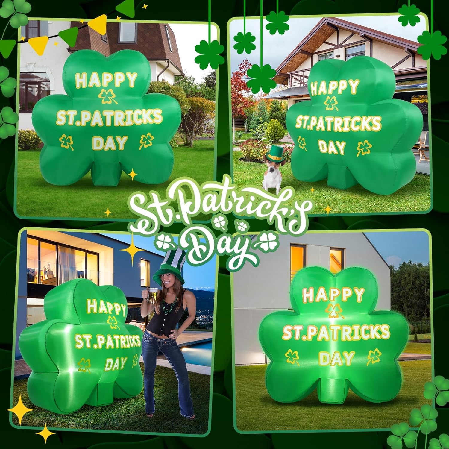 St. Patrick's Day Inflatable Outdoor Decorations 4FT Giant Blow up Yard Lucky Shamrocks Clover Built in LED Lights for Indoor Holiday Party Garden Lawn Irish Green Décor