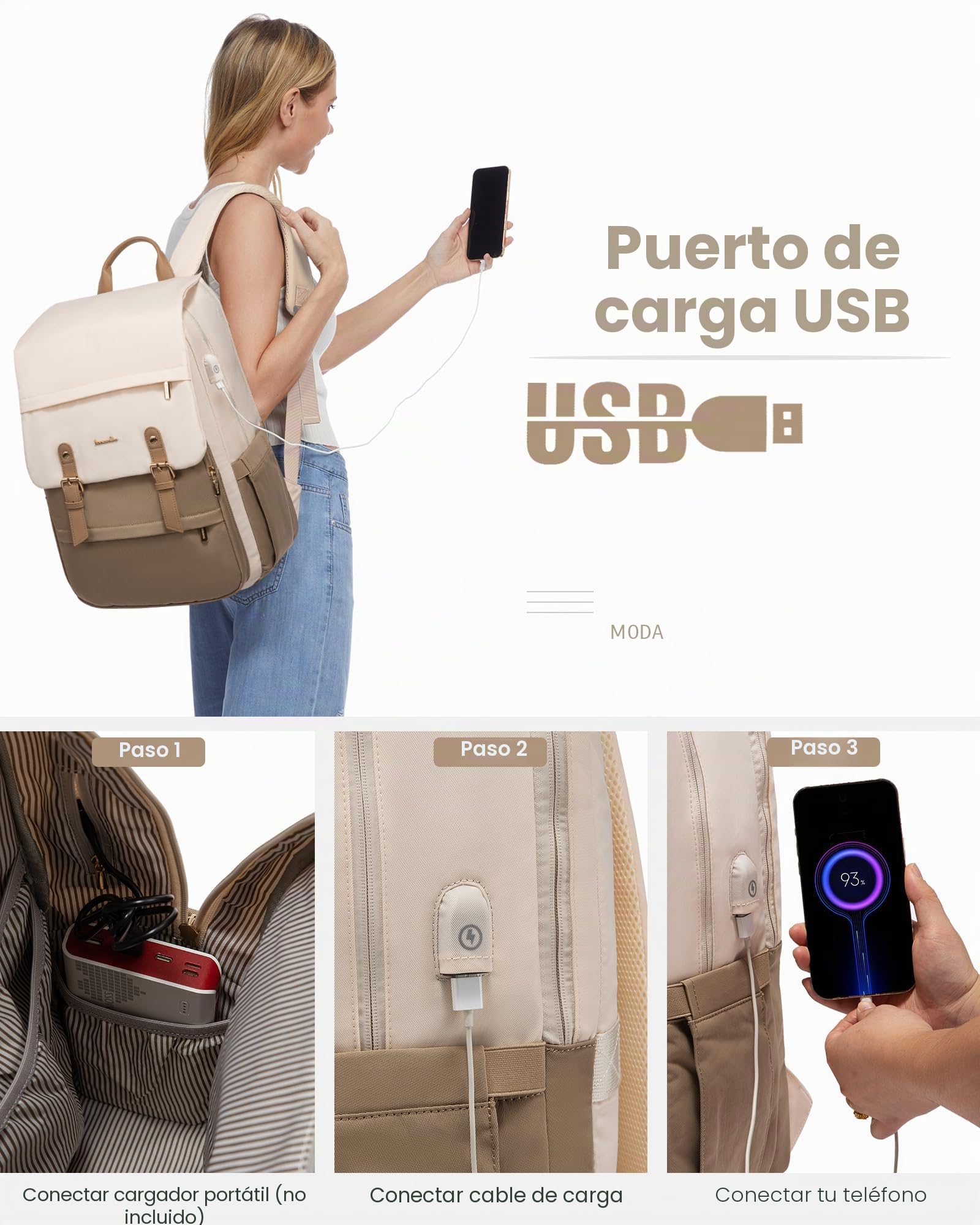 LOVEVOOK 17 Pulgadas Mochila Portatil Mujer, Mochila Antirrobo Impermeable Elegante para Ordenador Portátil con Carga USB para la Viajes, Universidad, Beige - Café
