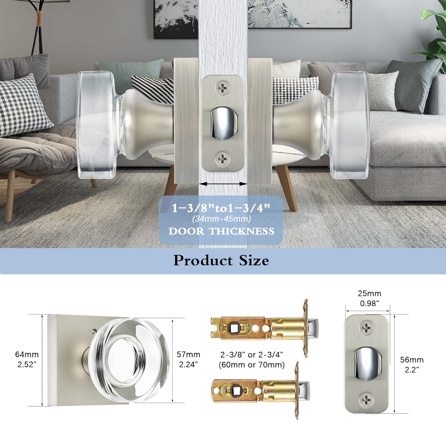 coolnews Crystal Door Knobs Interior, Passage Hall Closet Door Knobs, Satin Nickel