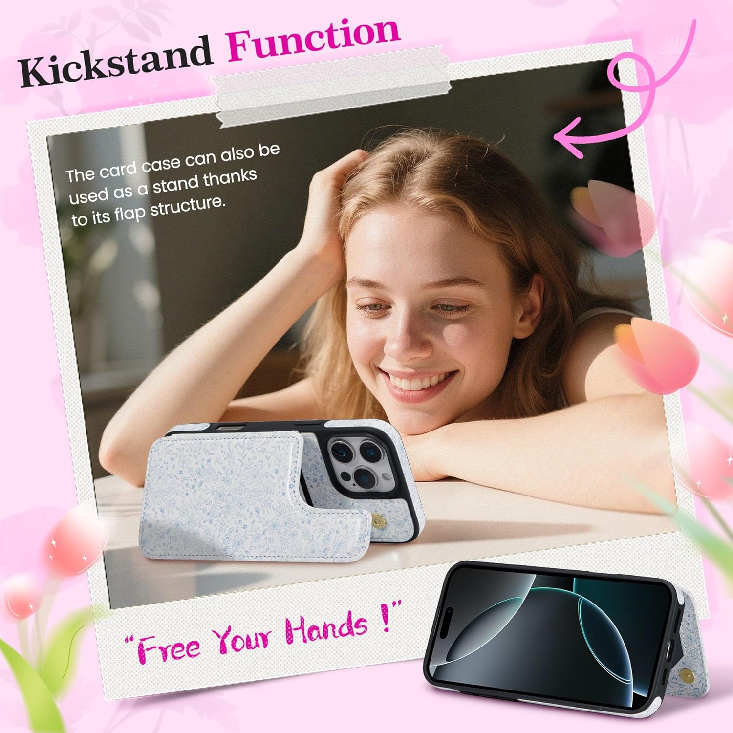 ZCDAYE for iPhone 16 Pro Wallet Case with Card Holders,PU Leather Double Magnetic Clasp Kickstand Trendy Girly Women Case for iPhone 16 Pro,Blue Flowers - Image 5