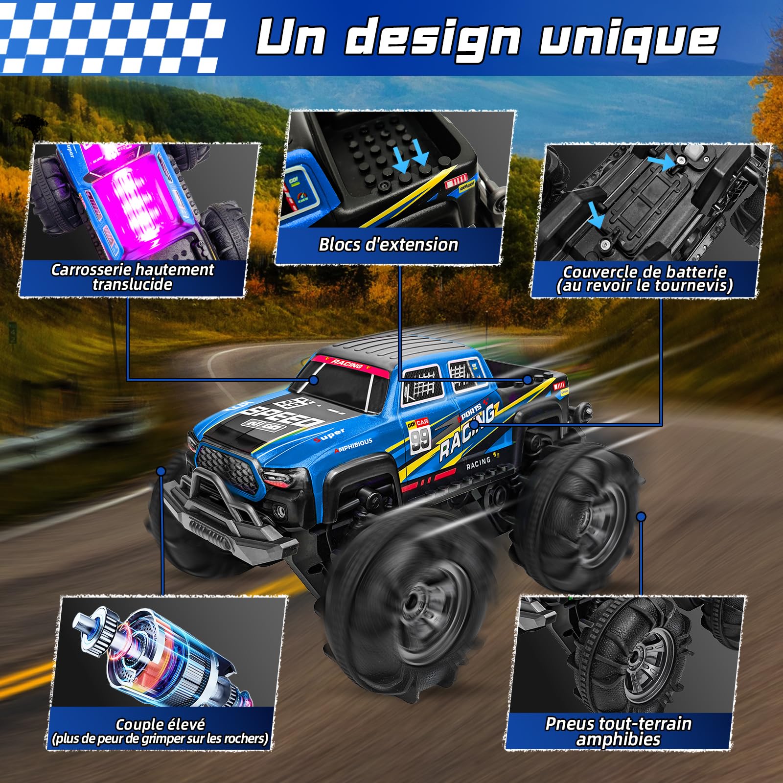 Charmofun Voiture Télécommandée Tout Terrain Amphibie, 4WD Voiture Stunt Tout-Terrain avec Lumières LED et 2 Batteries, 2,4 GHz Monster Truck Télécommandé Cadeau pour Enfant 6-12 Ans