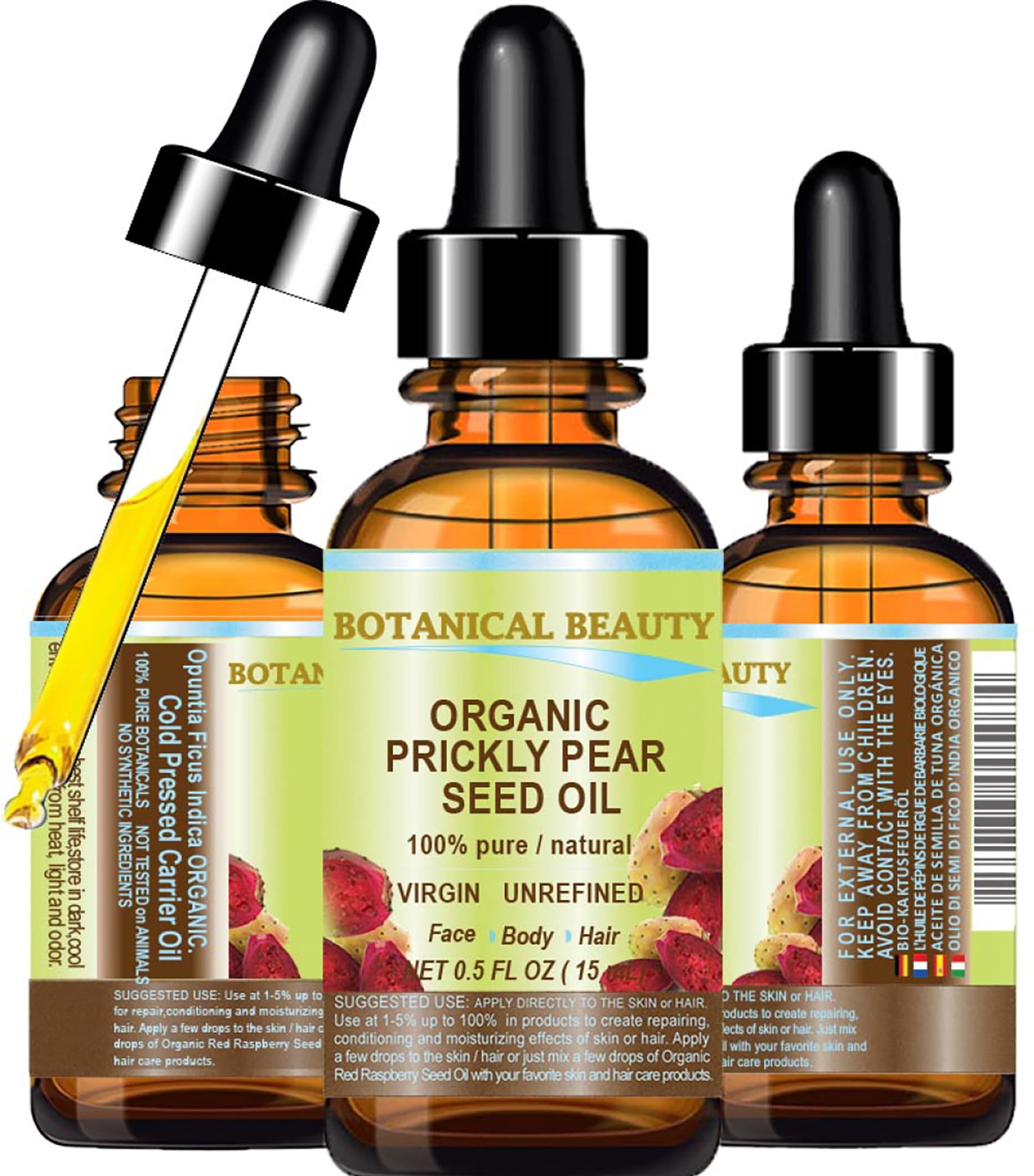 Botanical Beauty PRICKLY PEAR CACTUS SEED OIL ORGANIC. 100% Pure Natural Undiluted Virgin Unrefined Cold Pressed Carrier oil. 0.5 Fl.oz.- 15 ml. For Face, Skin, Hair, Lip, Nails, Anti-Aging oil
