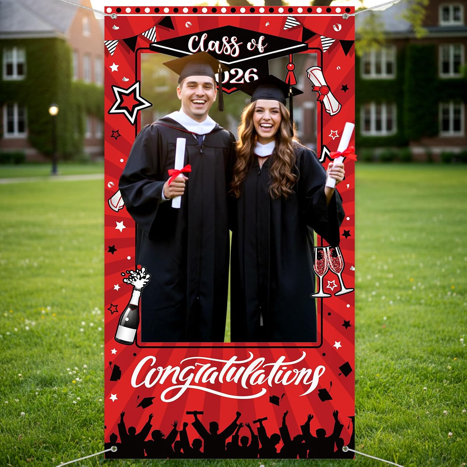 WovWeave Class of 2026 Graduation Photo Booth Frame 71x39 Inch - Red Black Large Fabric Selfie Backdrop Props for High School College Grad Party Decorations Indoor Outdoor Picture Background