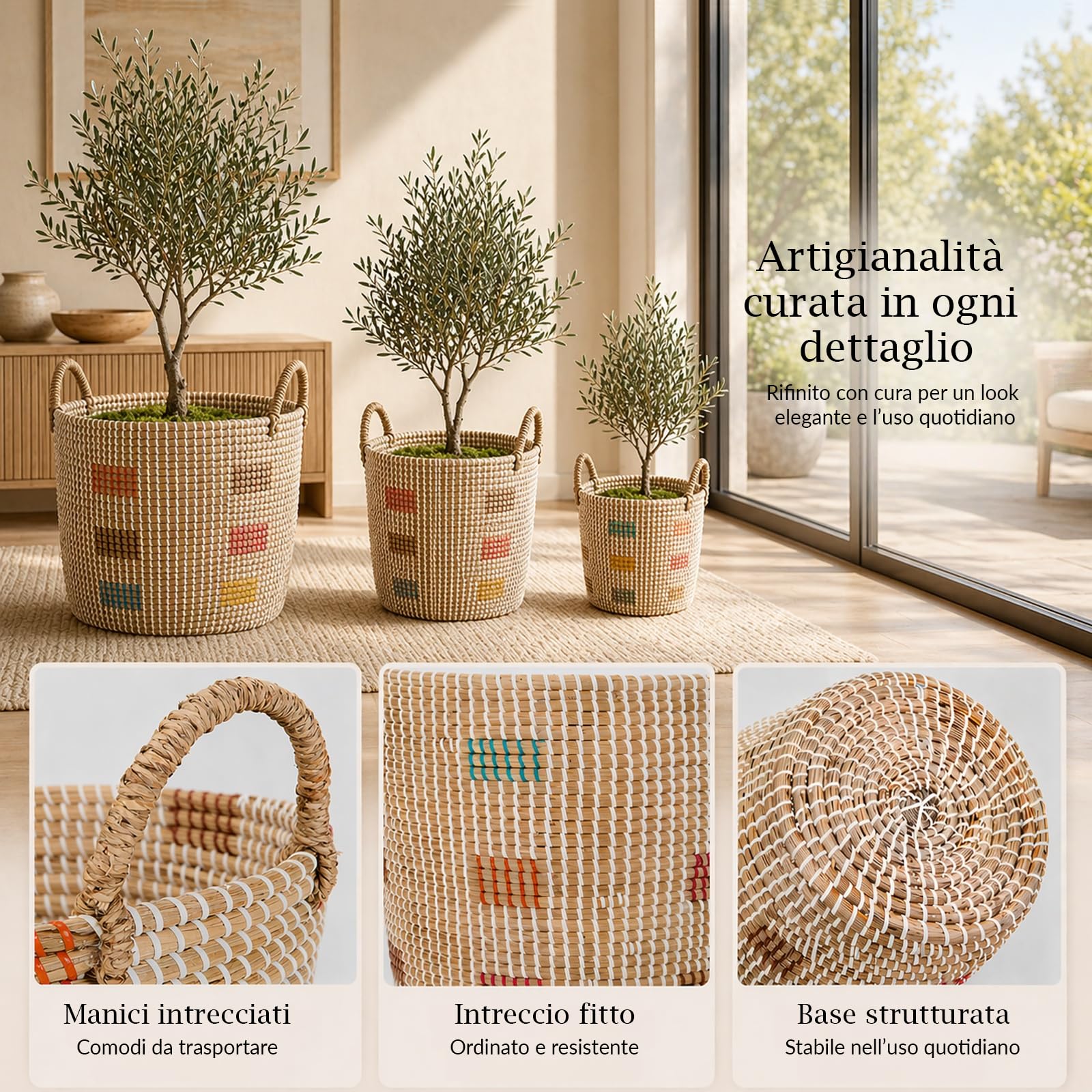 Cesti portaoggetti in seagrass set di 3, intrecciati a mano in Vietnam con manici, cesto portabiancheria boho 45L/29L/20L per soggiorno, bagno, camera e cameretta