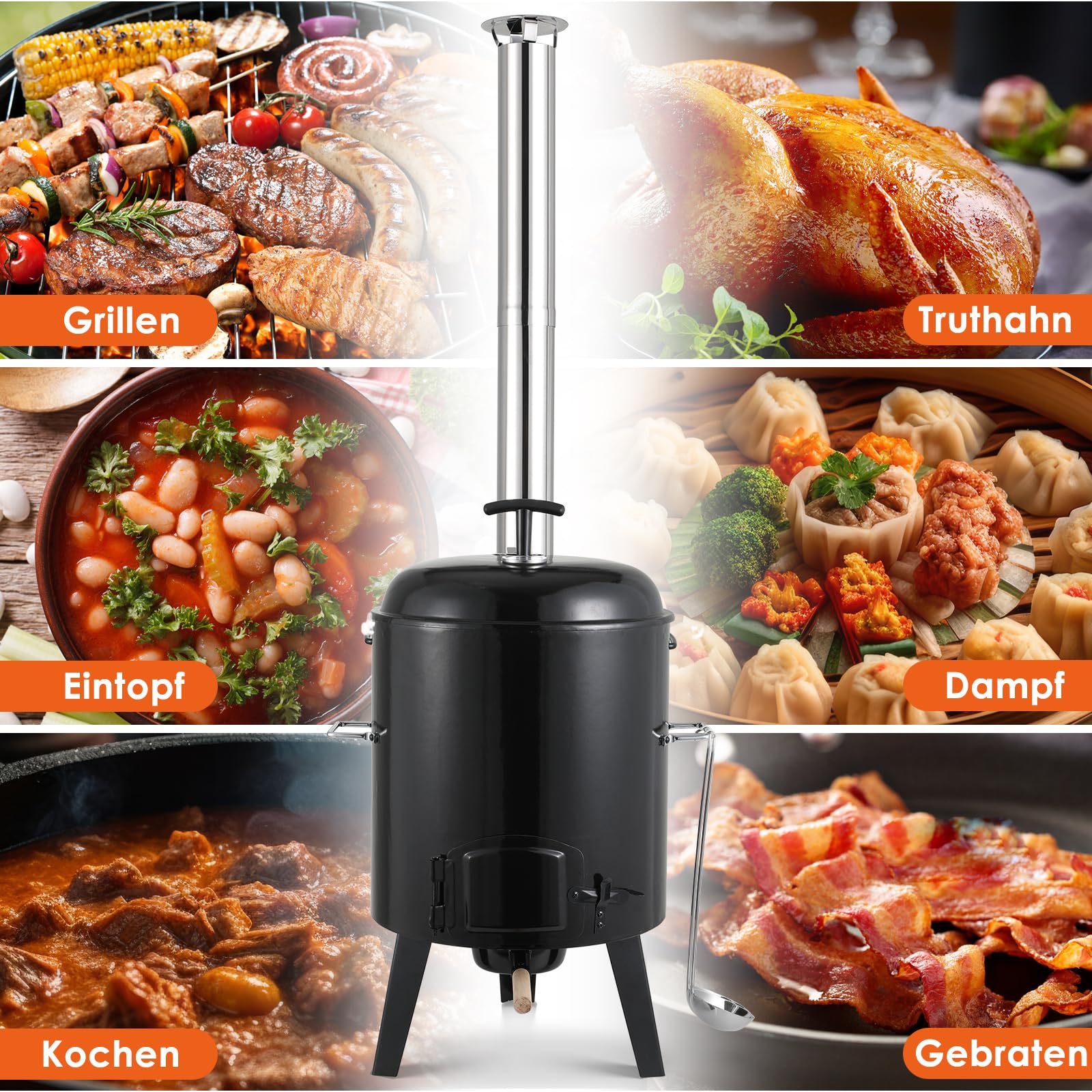 TLSUNNY Gulaschkanone 17L+8L Emailliert Eintopfofen mit 85cm Kamin Thermometer für Outdoor