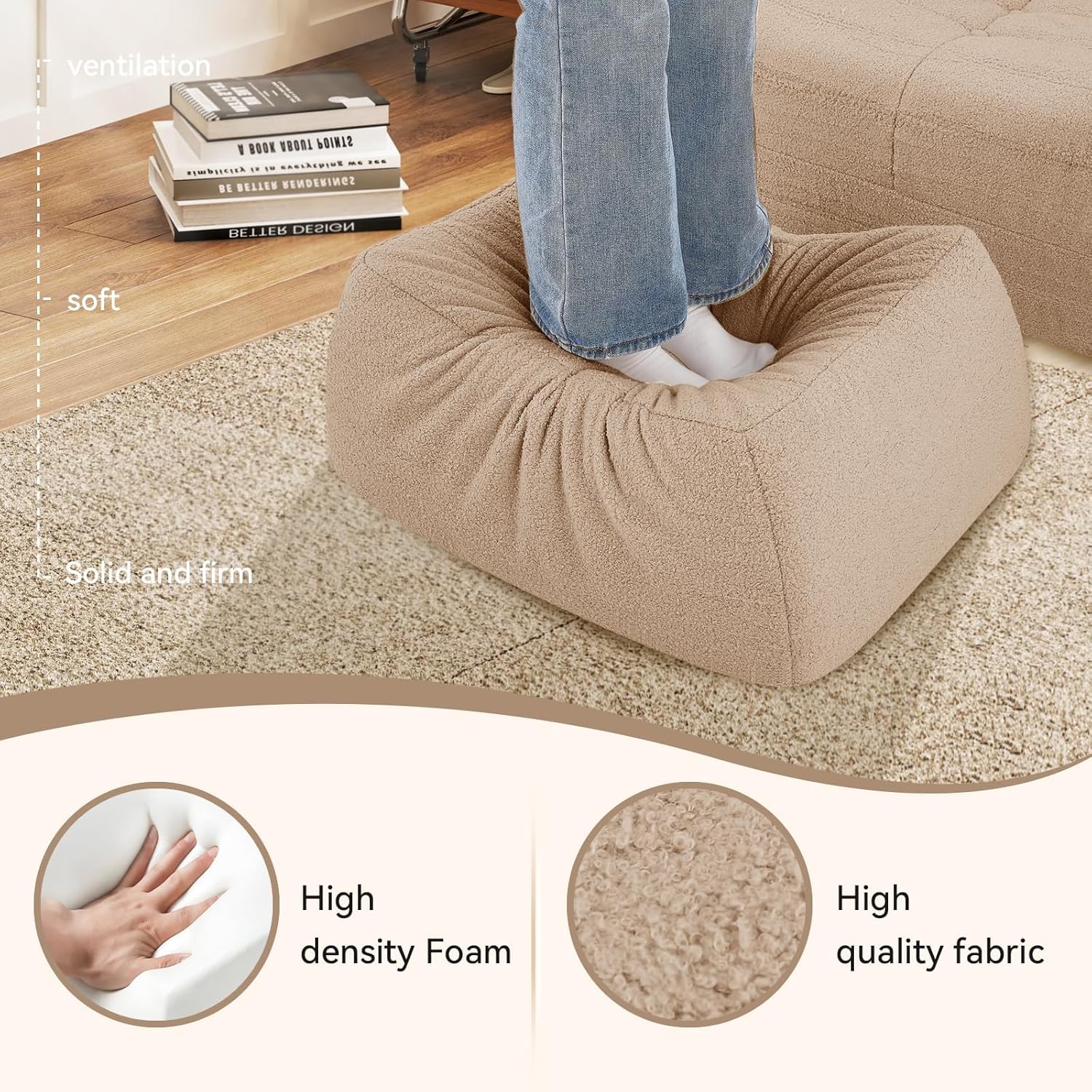 Bean Bag Chair with Ottoman, Comfy BeanBag Chairs for Adults,Giant Bean Bag Lounger with Memory Foam Filled,Teddy Lazy Sofa Reading Chair for Bedroom, Living Room,Dorm,Camel