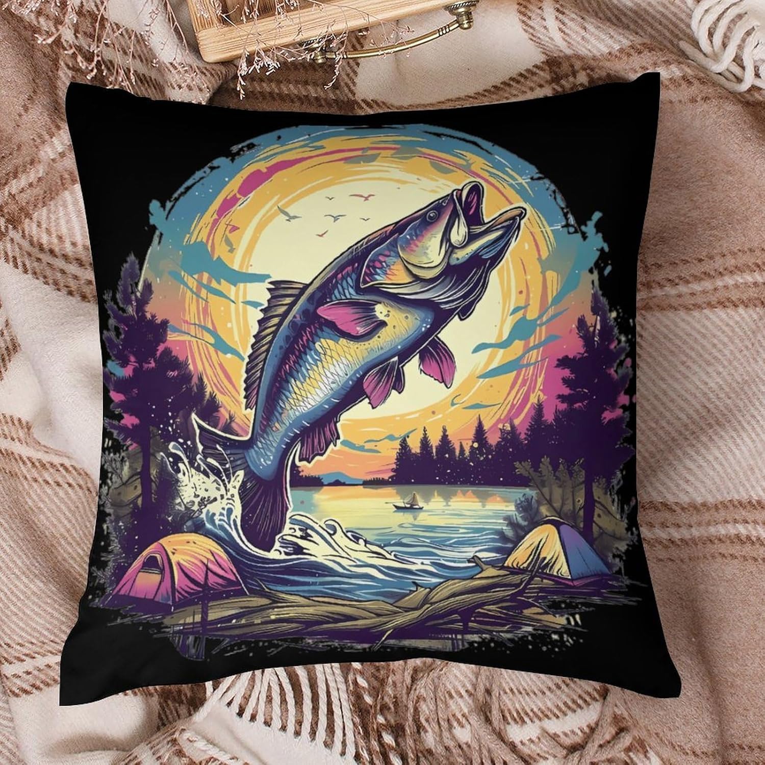 Jumping Bass Fish Printed Throw Pillow Case 4 Pcs Soft Pillowcases Pillows Covers Sofa Bed Decor 12/14/16/17/18/20/22/24/32 Inches