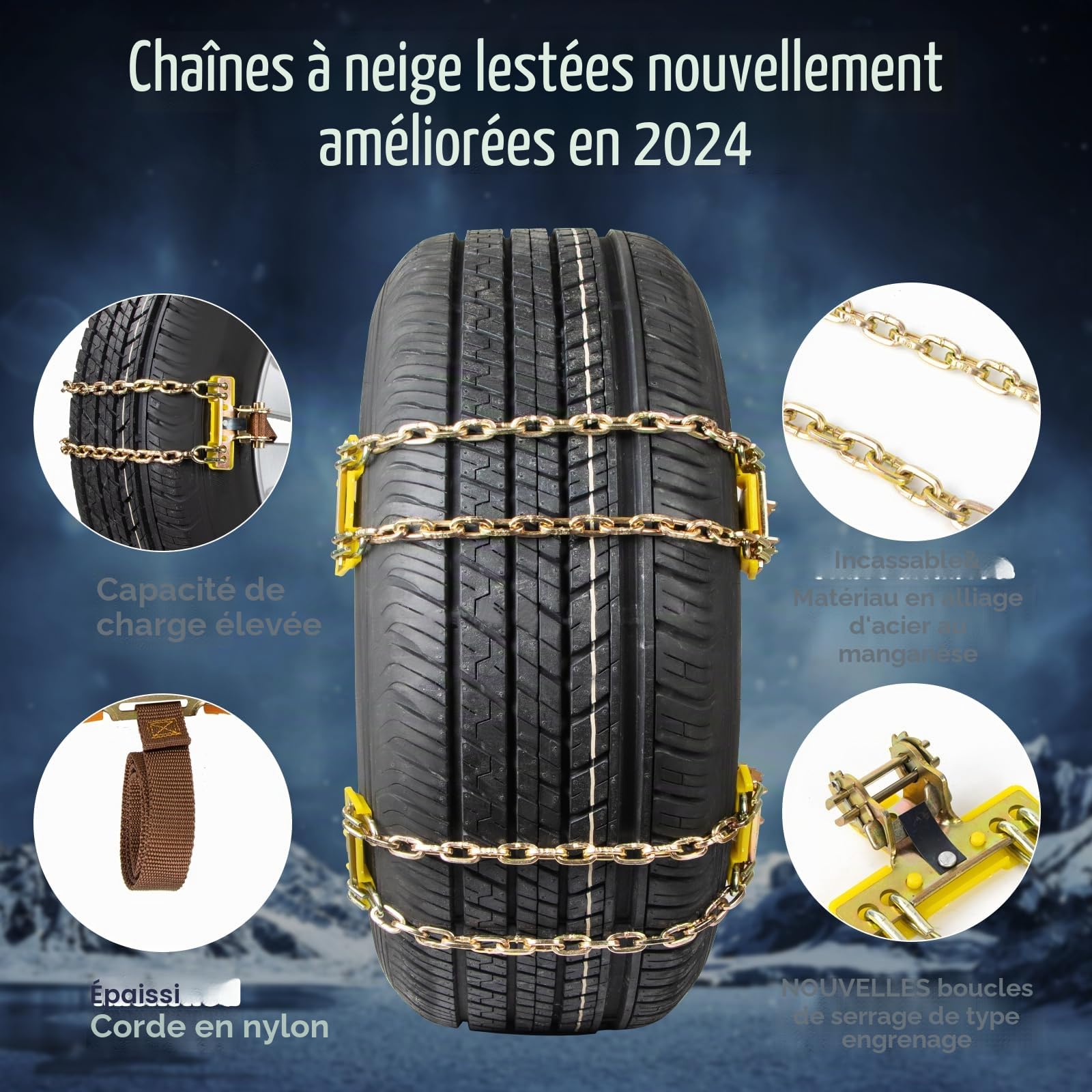 Chaînes à Neige Réglables et Robustes - Lot de 6 pour Voitures, Camions, SUV - Largeur 165-265mm - Avec Pelle à Neige en Plastique et Gants