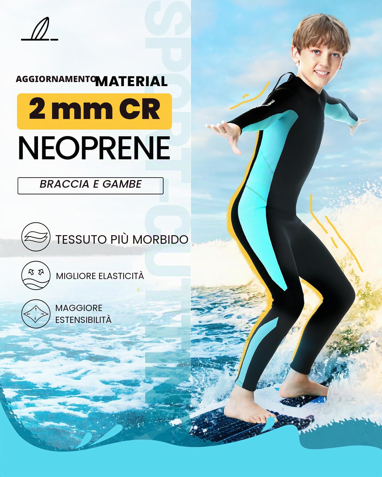 Muta in neoprene per bambini – 2,5 mm SCR, tuta corta sicura con protezione UV, cerniera anteriore obliqua, mantiene gli adolescenti caldi in acqua fredda