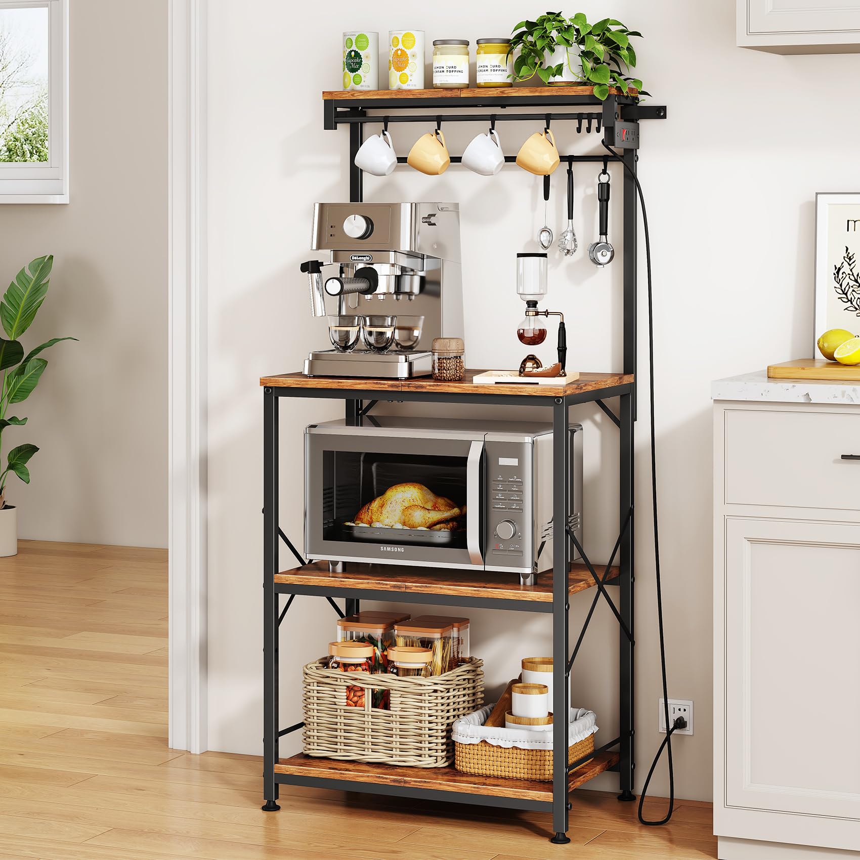 Photo 1 of SNTD Bakers Rack with Power Outlet, Kitchen Shelves Microwave Stand with Wire Grid and 10 Hooks, 4 Tiers Coffee Stand (Rustic Brown, 21.7 x 14.2 x 49.6 Inches)