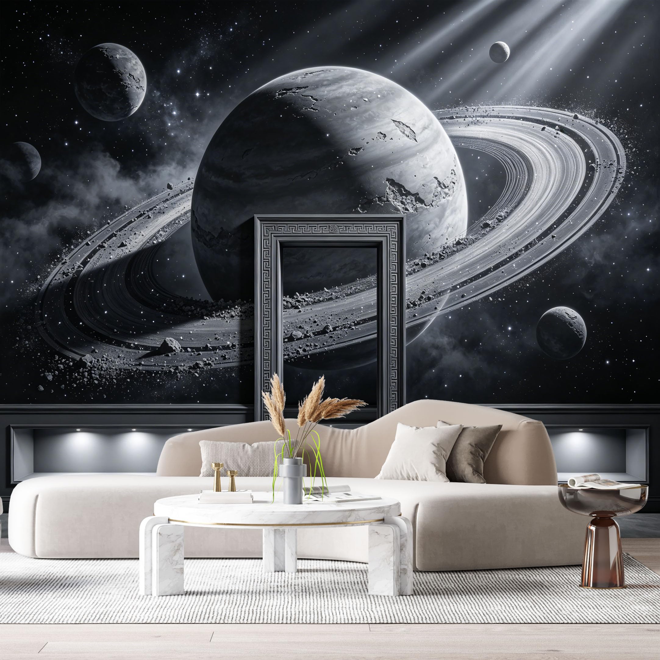 Custom Size Wall Murals Monochrome Abstract Cosmic Planet Saturn Space Doorway 3D Trompe L'Oeil SelfAdhesiveWall Fabric Removable Wallpaper Wall Decor for Living Room Bedroom Bathroom