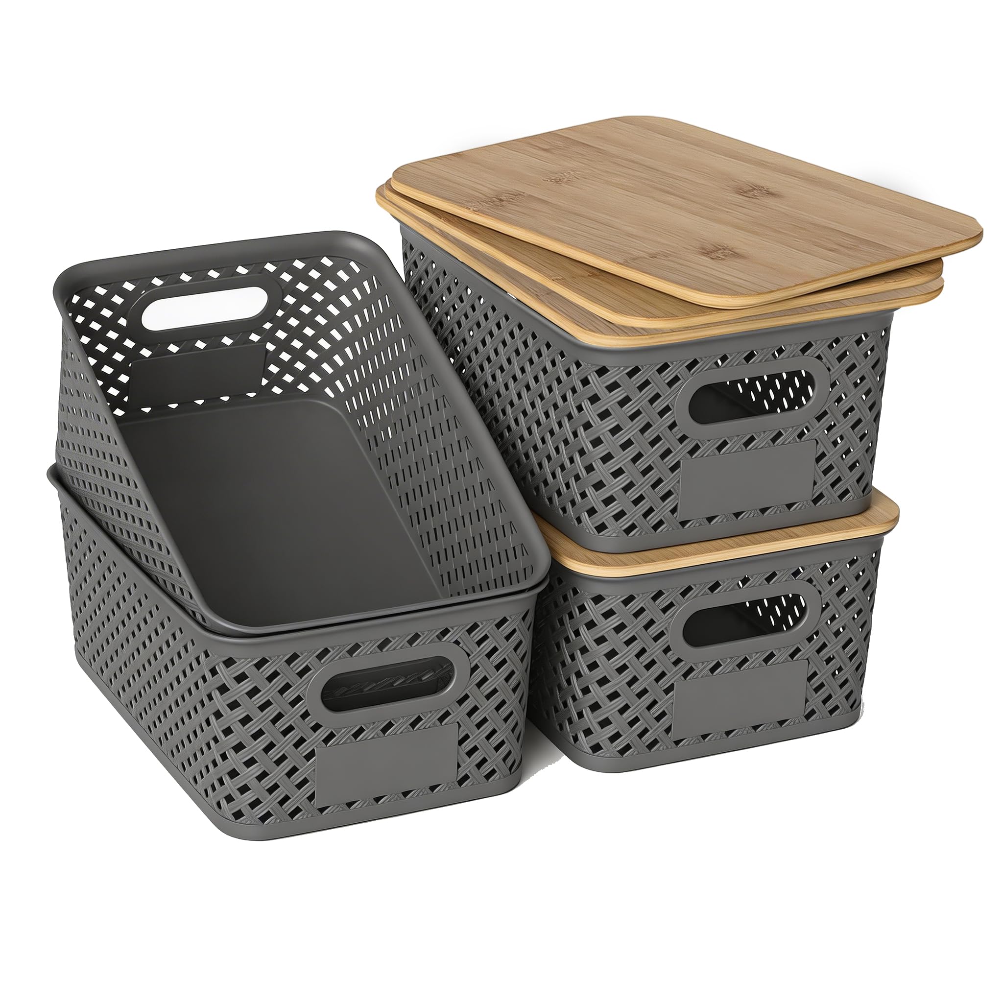 HapiLeap Plastic Storage Baskets With Bamboo Lid, Stackable Plastic Storage Boxes for Organizing Pantry Shelves Drawers Desktop Closet Playroom Classroom Office, 6 Pack (4-Pack Grey)