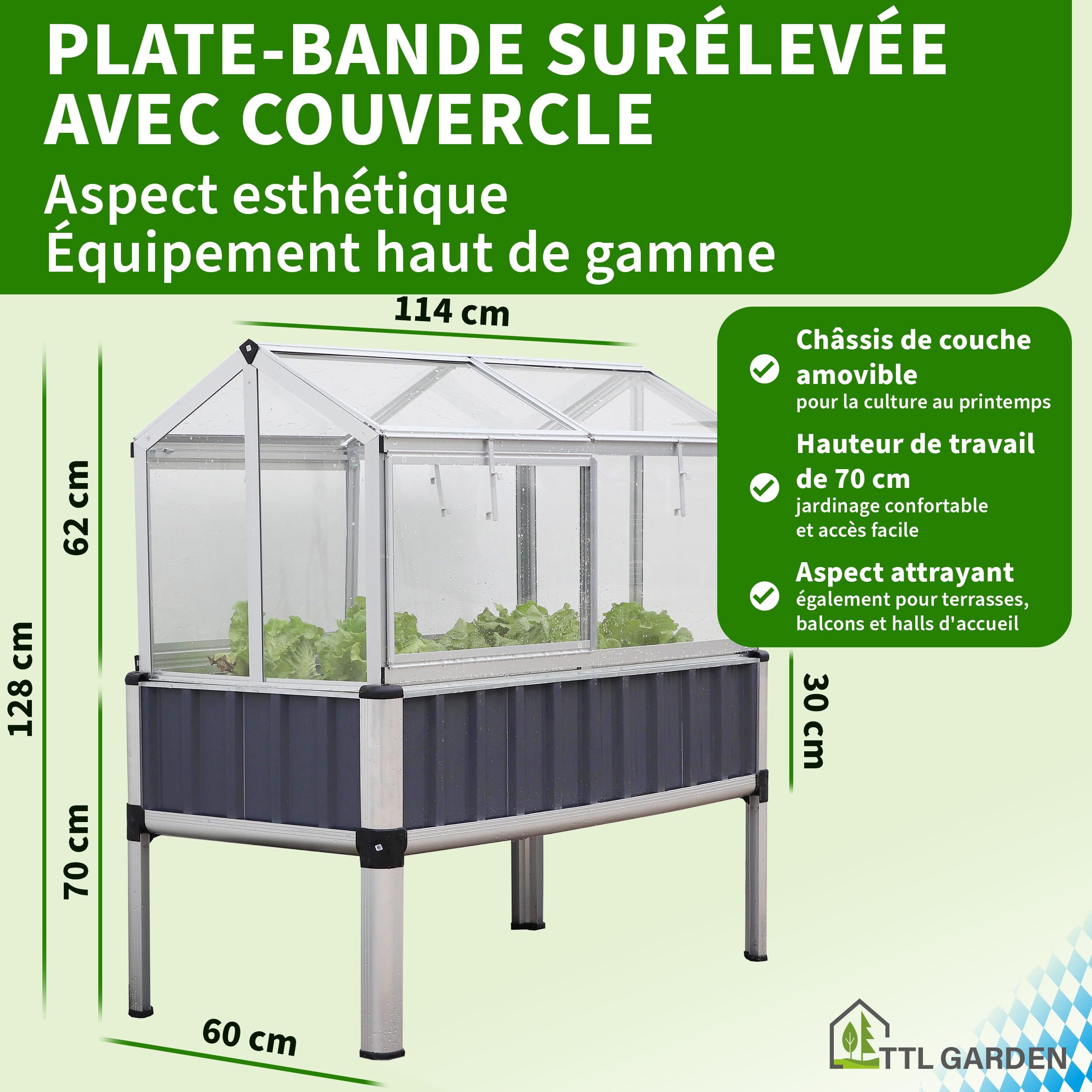 TTL GARDEN « Superior » Jardinière surélevée en aluminium avec serre - 128 x 114 x 60 cm - Grande plate-bande surélevée en aluminium de qualité supérieure avec couvercle de serre - Portes et toit en