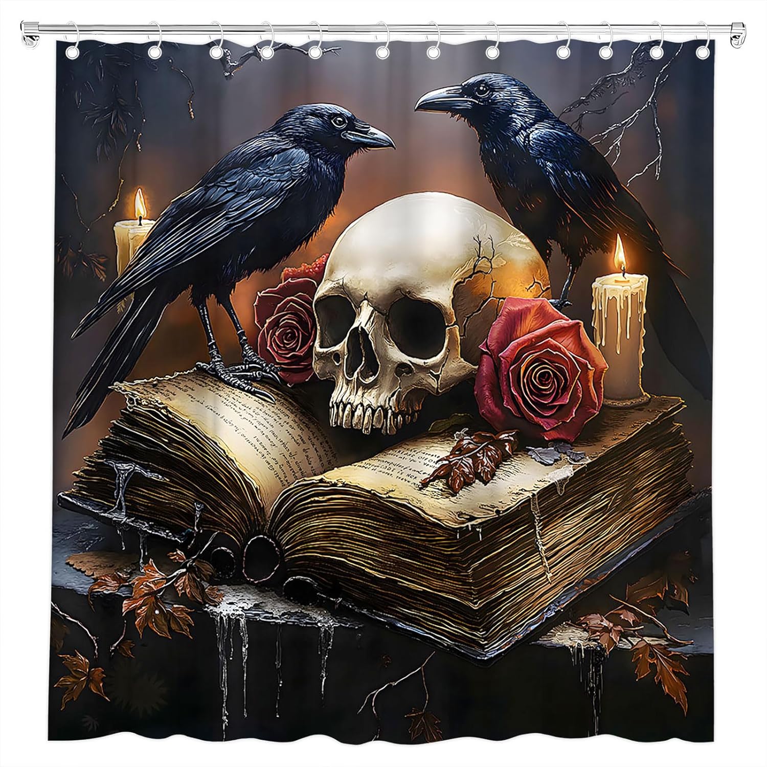 Gothic Skull Crow Shower Curtain Halloween Black Raven Red Rose Floral Old Books Candle Branch Tree Abstract Spooky Animal Bath Curtain Fabric Bathroom Accessories Decor with Hooks 70W x90L