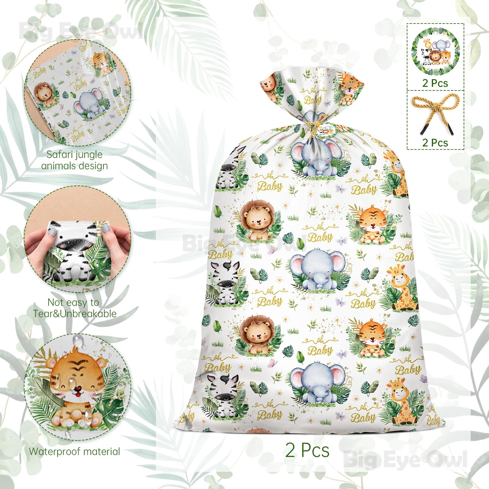 2Pcs Extra Large Baby Shower Plastic Gift Bags 70"x 40" Jumbo Safari Jungle Animals Present Bag XXL Big Gift Wrapping Bags Oversized Reusable Baby Gender Reveal Birthday Party Favors Goody Bags
