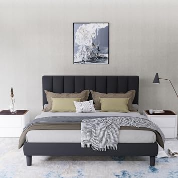 Black Upholstered Bed Frame Full with Velvet Headboard, Metal Platform Bed Frame Full Size with Wooden Slats Support, 800lbs Capacity/No Box Spring Needed/Easy Assembly Black, Full